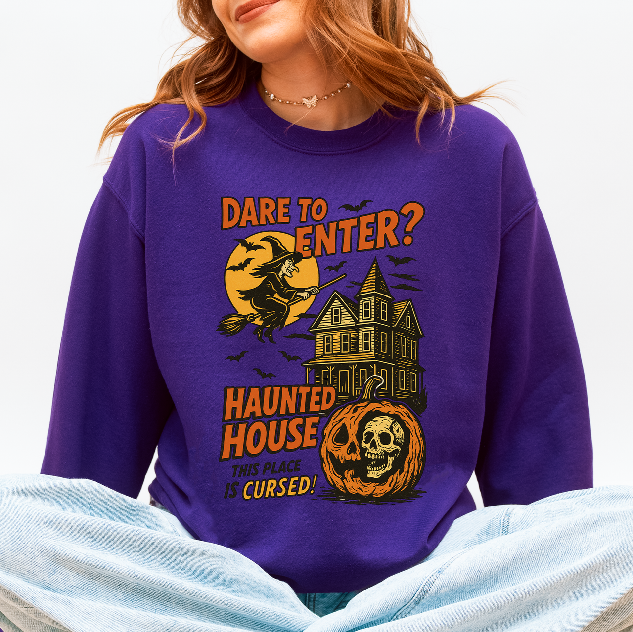 Haunted House Halloween Retro Spooky Witch Night Sky Moonlit Pumpkin Tales Vintage Illustration Sweatshirt