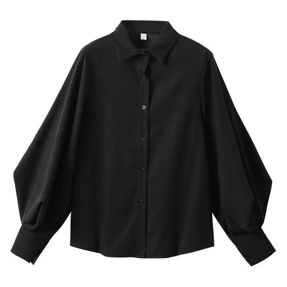 Korean Style 2022 Shirts Women Lantern Sleeve Loose Turn-down Collar Simple Solid Feminino Blouses Autumn All-match Fashion