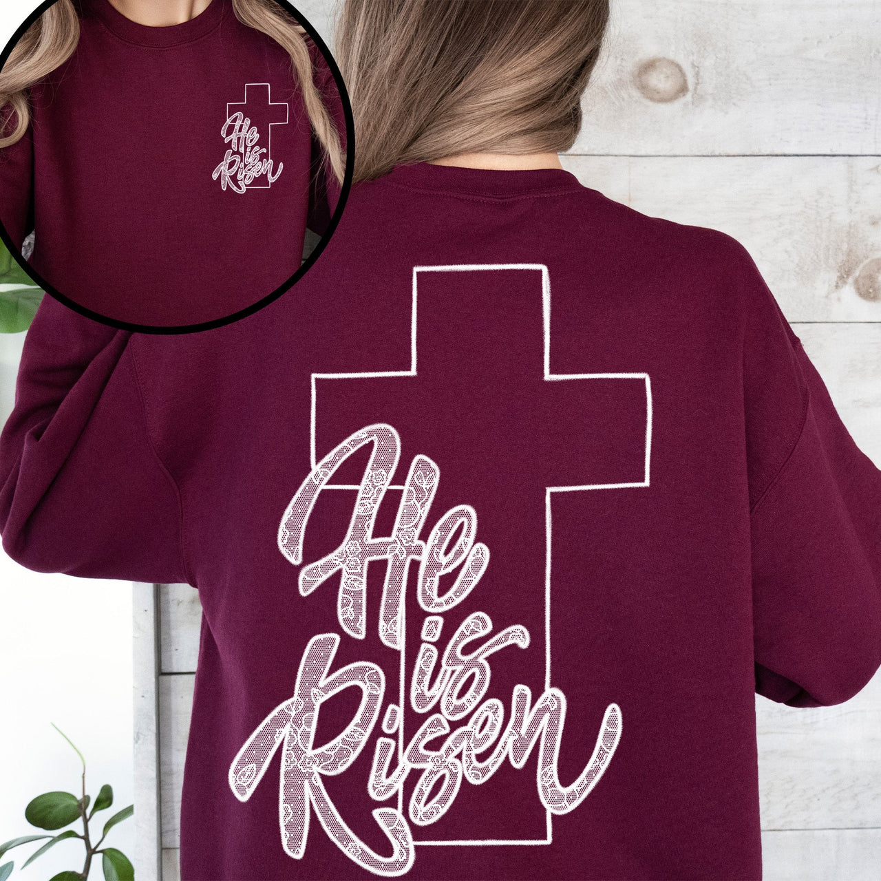 He Is Risen Faux Lace Girly Cross Coquette Christian Jesus Gospel Faith Saved Sweatshirt