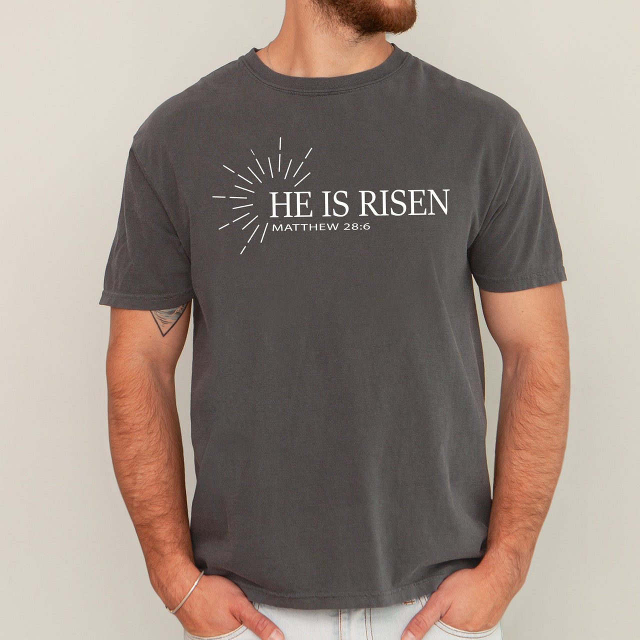 He Is Risen Matthew Christian Jesus Gospel Faith Saved Bible Verse Comfort Colors Tee