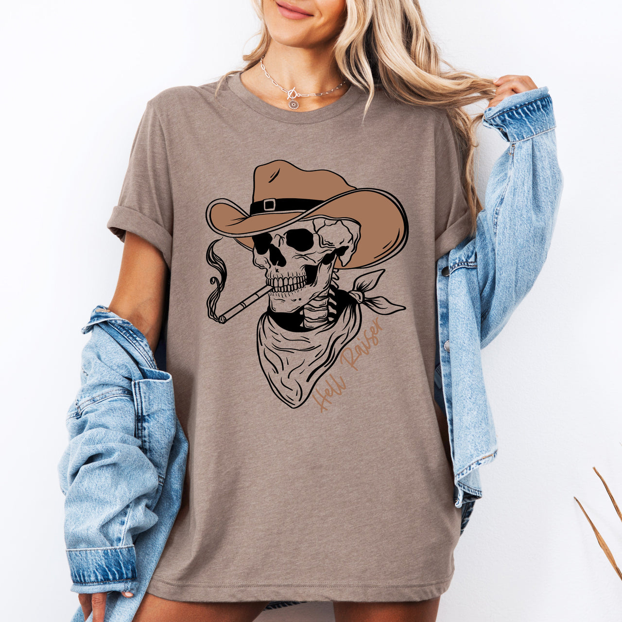 Hell Raiser Skeleton Halloween Cowboy Western Spooky Motif With Rustic Vintage Vibe Graphic Tee