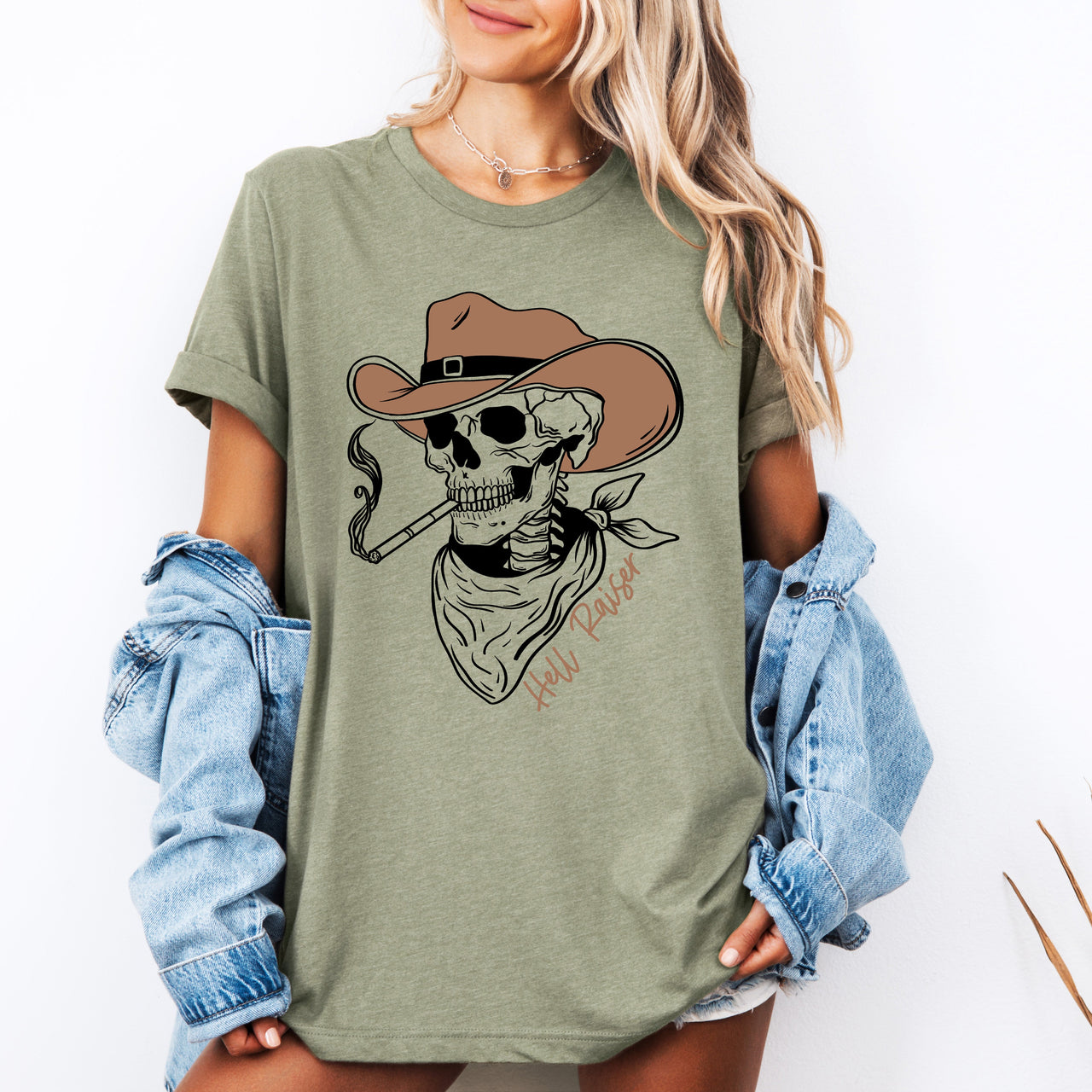Hell Raiser Skeleton Halloween Cowboy Western Spooky Motif With Rustic Vintage Vibe Graphic Tee