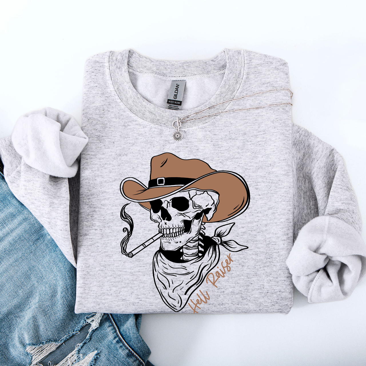 Hell Raiser Skeleton Halloween Western Spooky Cowboy Country Premium Graphic Sweatshirt