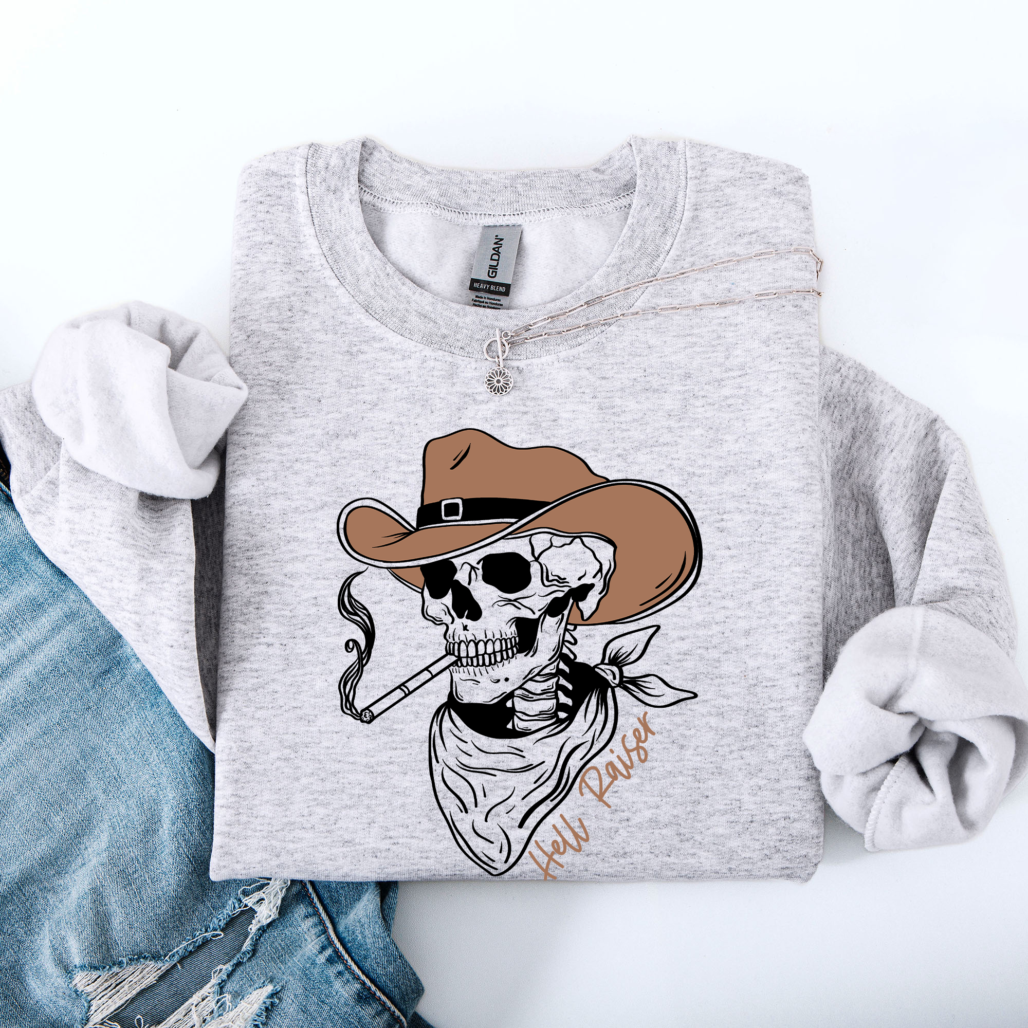 Hell Raiser Skeleton Halloween Western Spooky Cowboy Country Premium Graphic Sweatshirt