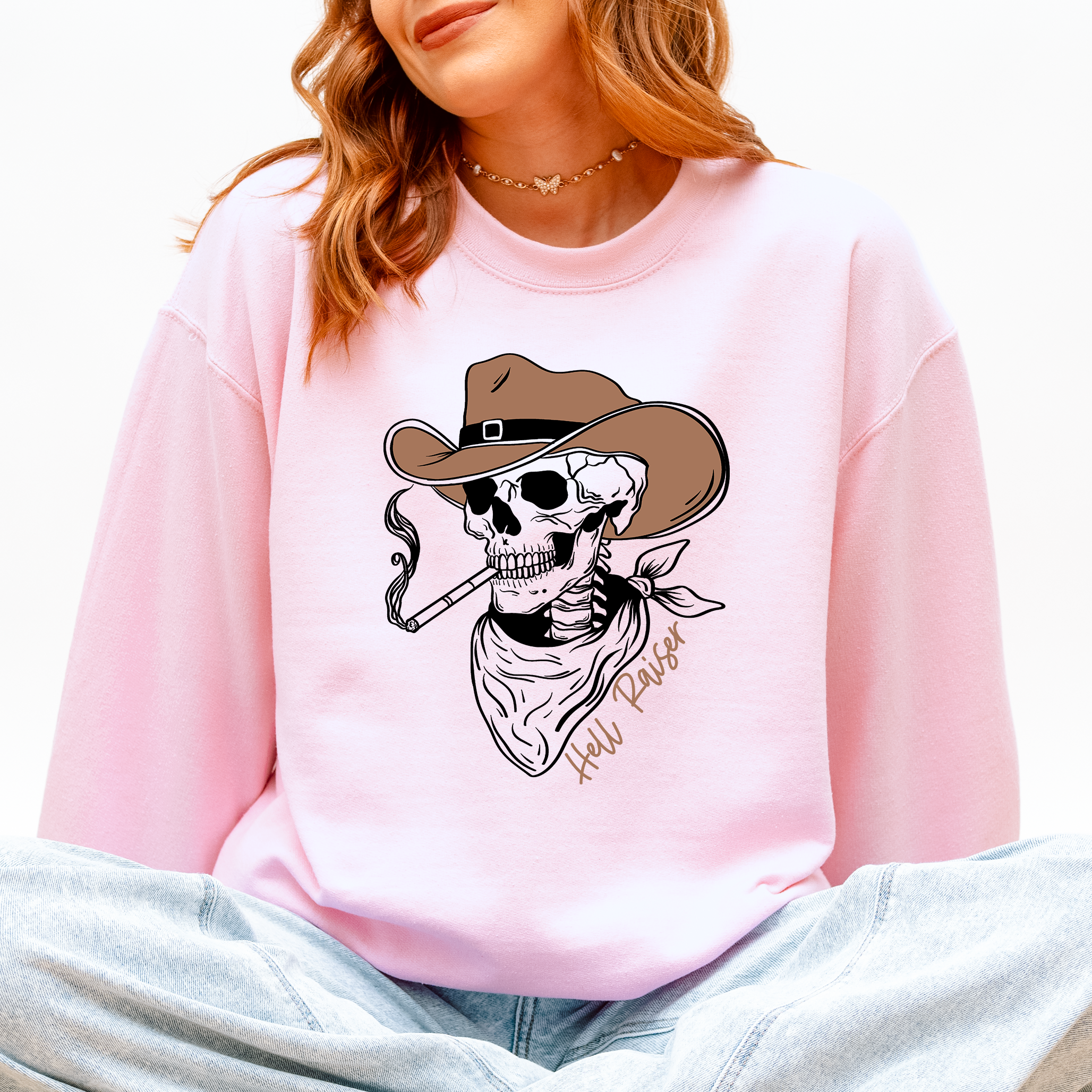 Hell Raiser Skeleton Halloween Western Spooky Cowboy Country Premium Graphic Sweatshirt