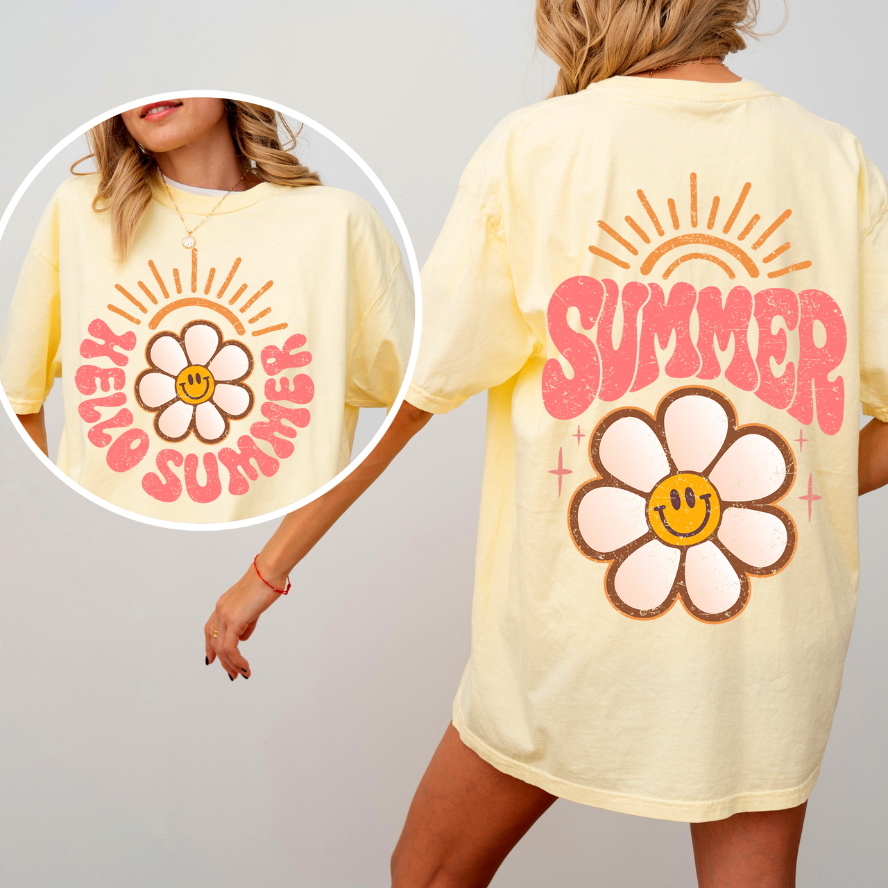 Hello Summer Smiley Daisy Beach Fun Sunshine Vibes Tropical Escape Comfort Colors Tee