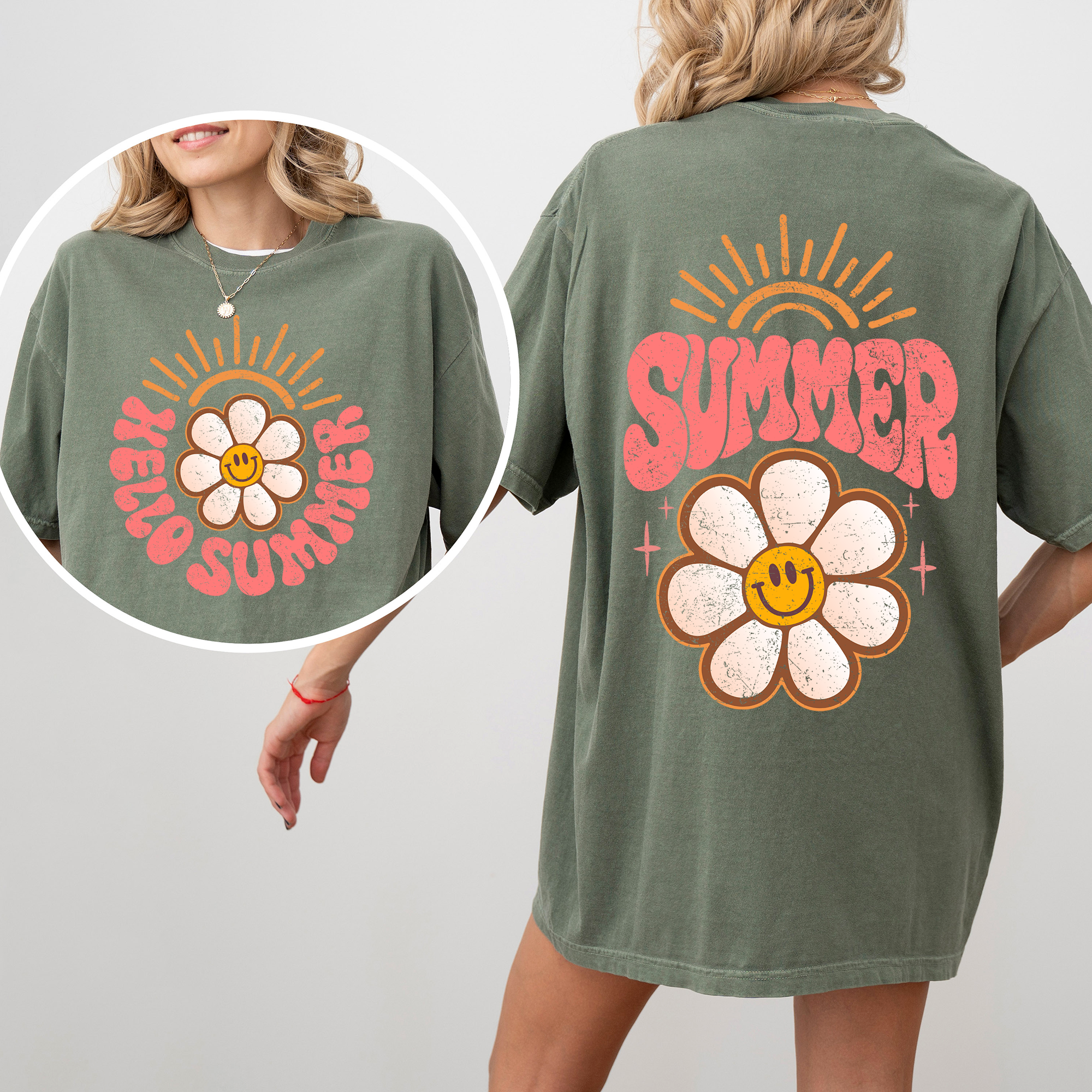 Hello Summer Smiley Daisy Beach Fun Sunshine Vibes Tropical Escape Comfort Colors Tee