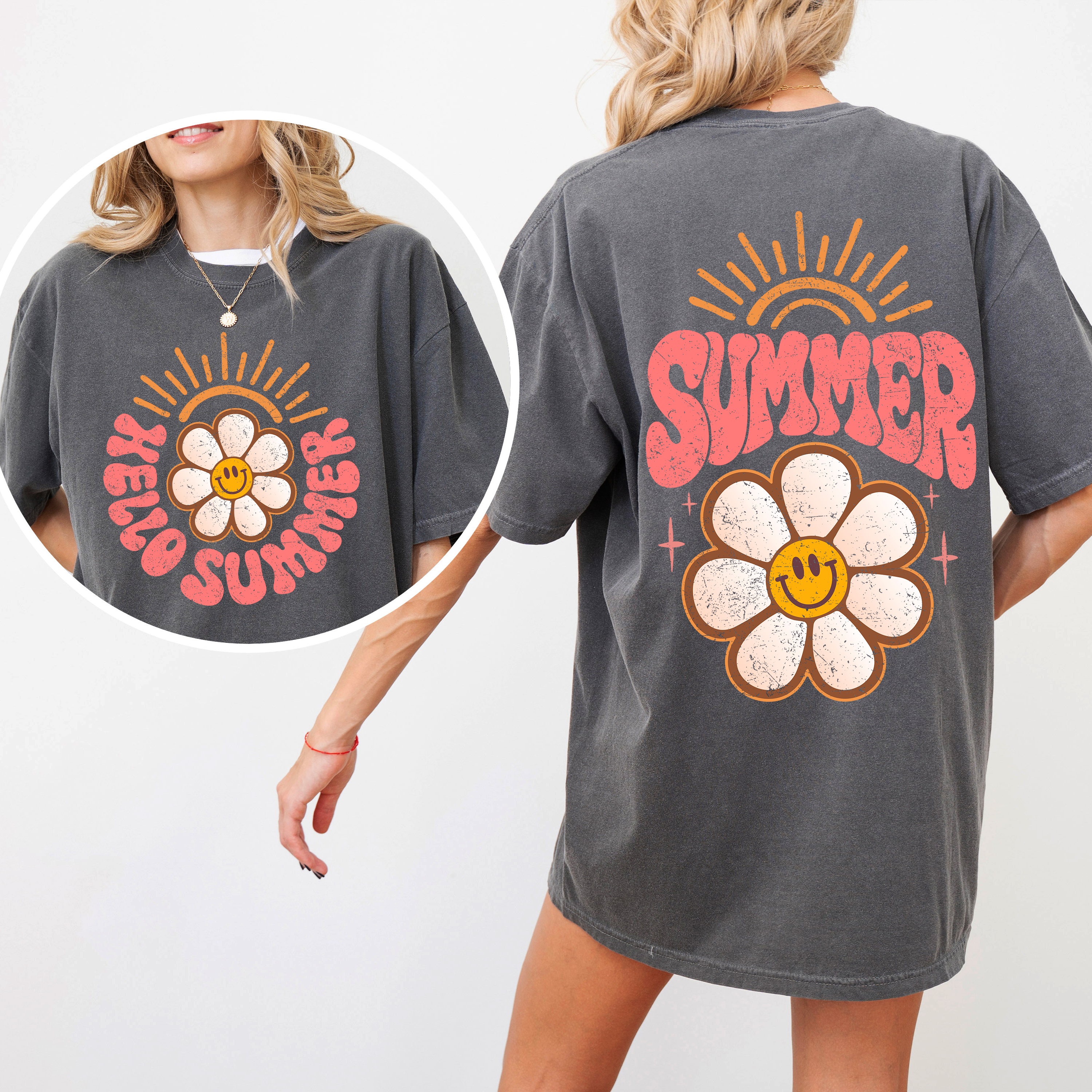 Hello Summer Smiley Daisy Beach Fun Sunshine Vibes Tropical Escape Comfort Colors Tee