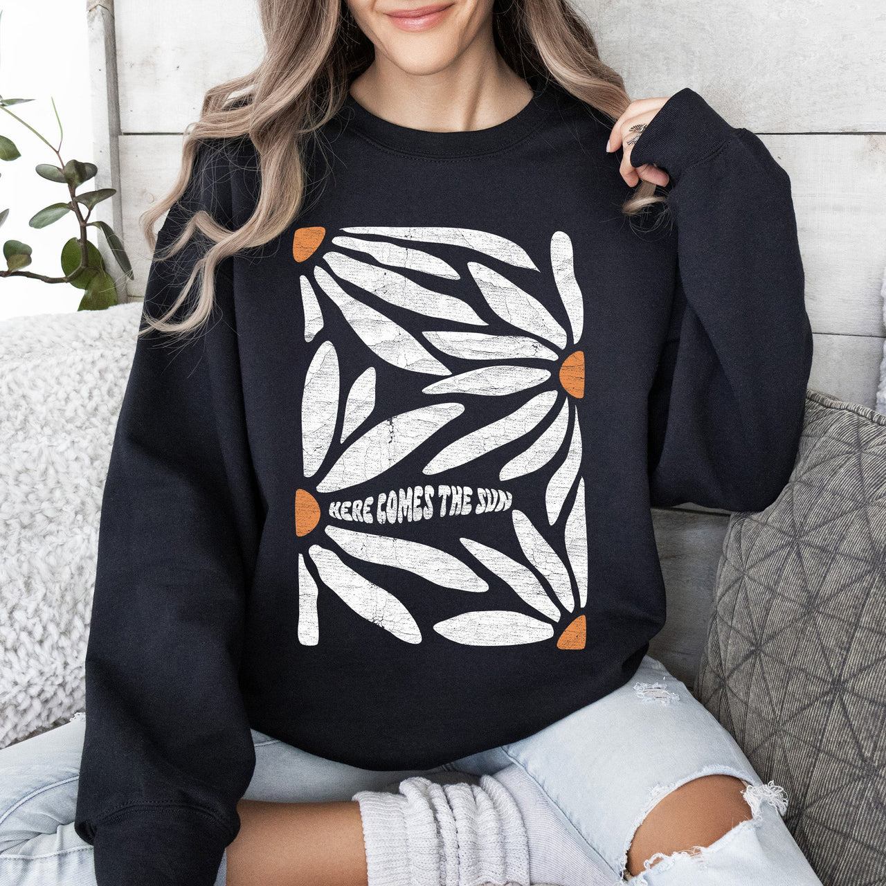 Here Comes The Sun Boho Floral Design Art Print Collection Vintage Inspired Sweatshirt