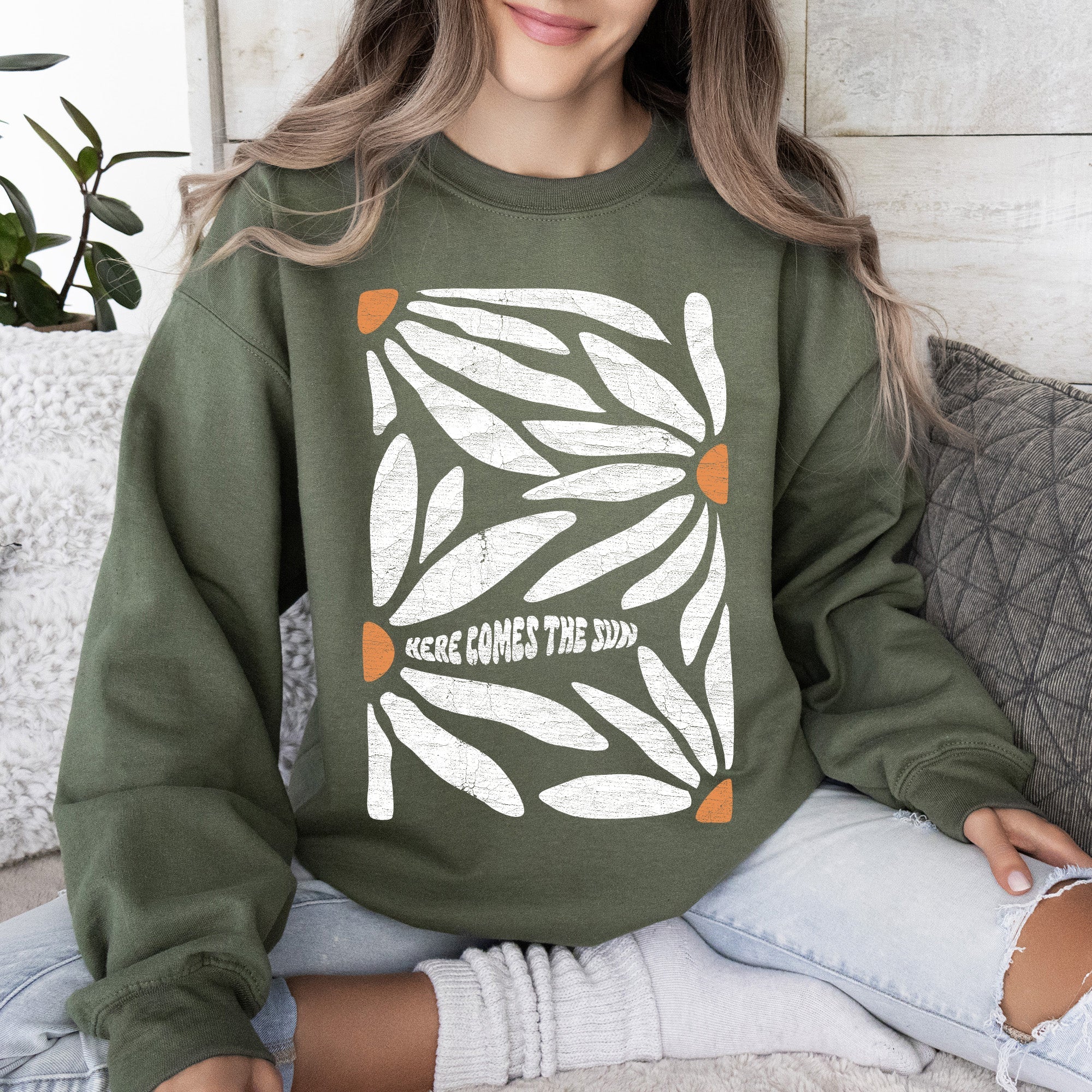 Here Comes The Sun Boho Floral Design Art Print Collection Vintage Inspired Sweatshirt