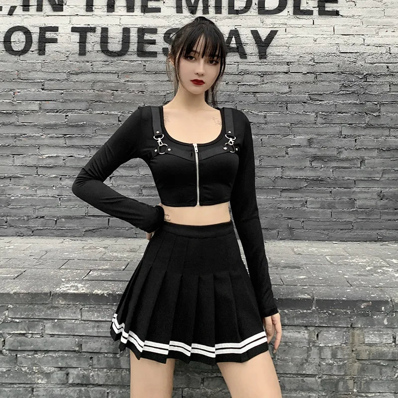 Vintage Korean Style Patchwork Skirt Harajuku JK Black Pleated Skirts Gothic Streetwear High Waist Mini Skirt Women Punk Skirt