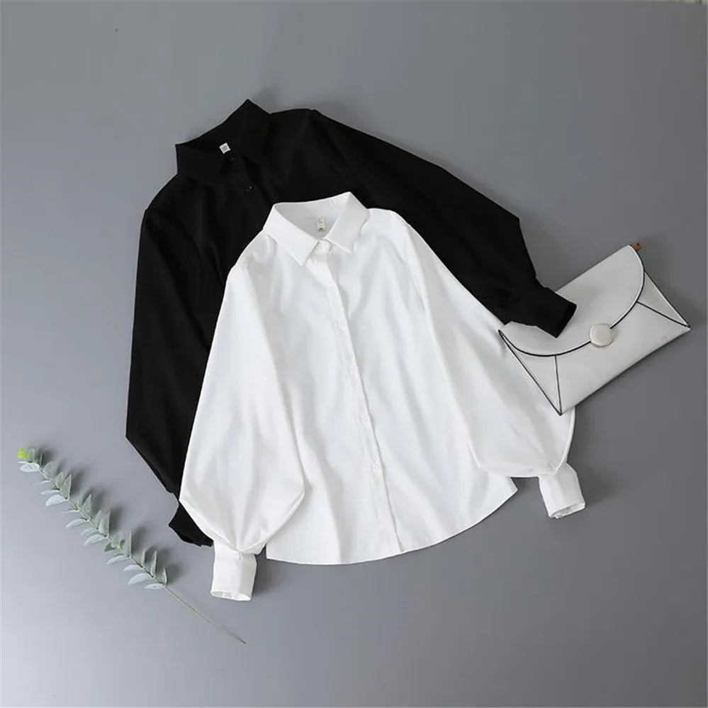 Korean Style 2022 Shirts Women Lantern Sleeve Loose Turn-down Collar Simple Solid Feminino Blouses Autumn All-match Fashion
