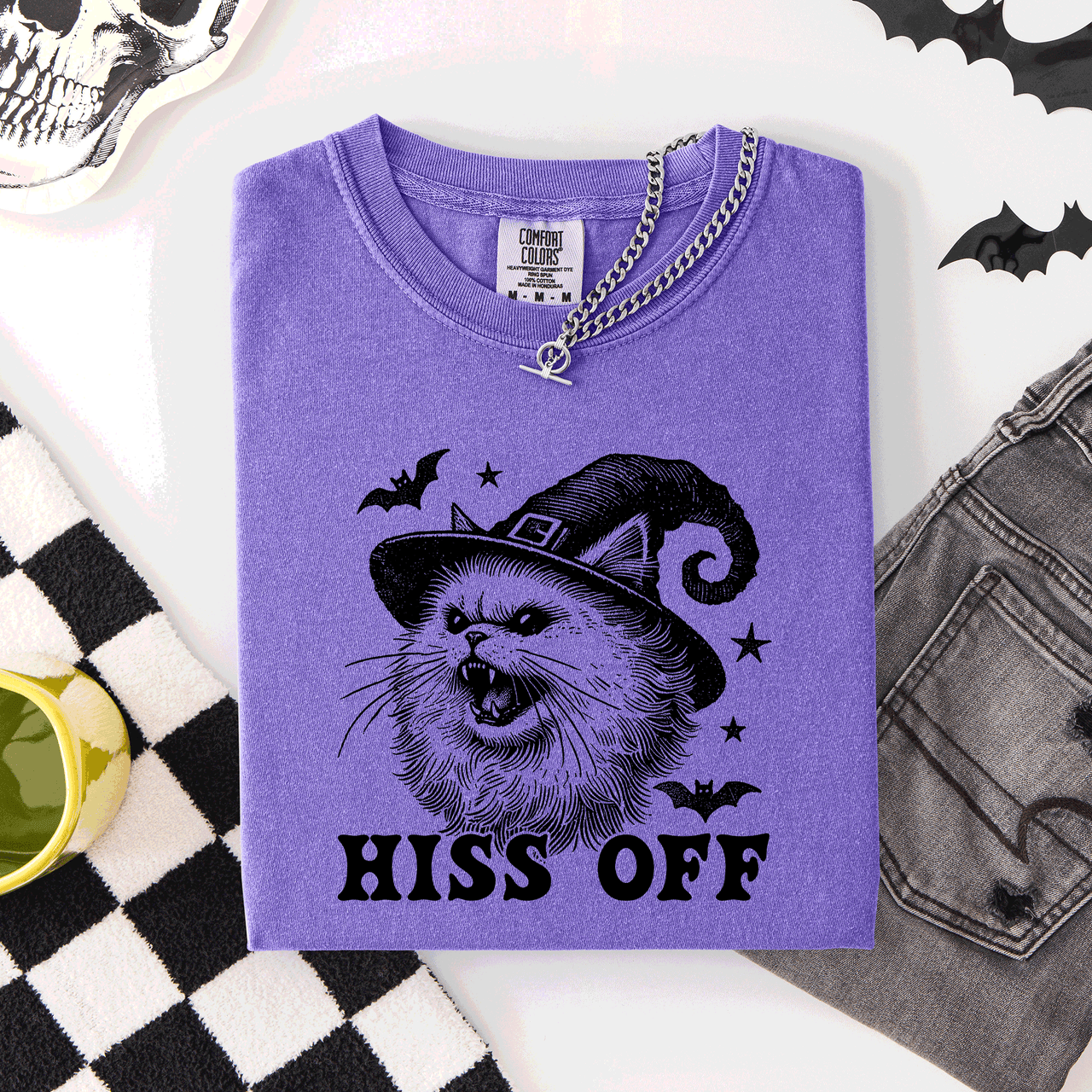 Hiss Off Cat Halloween Witch Funny For Cat Lovers And Halloween Enthusiasts Comfort Colors Tee