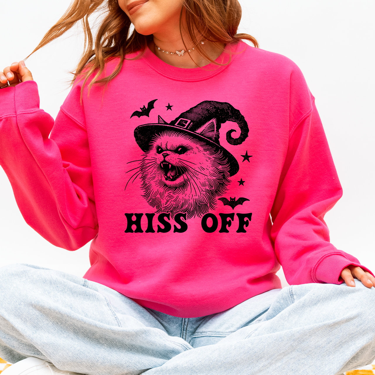 Hiss Off Cat Halloween Witch Cozy Feline Graphic Illustration For Cozy Fall Fashion Sweatshirt