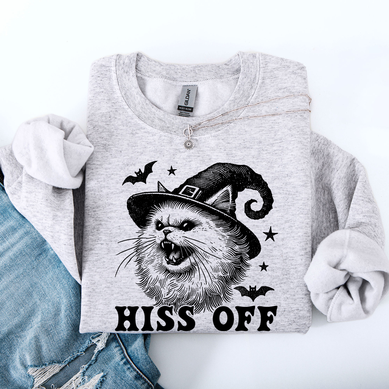 Hiss Off Cat Halloween Witch Cozy Feline Graphic Illustration For Cozy Fall Fashion Sweatshirt