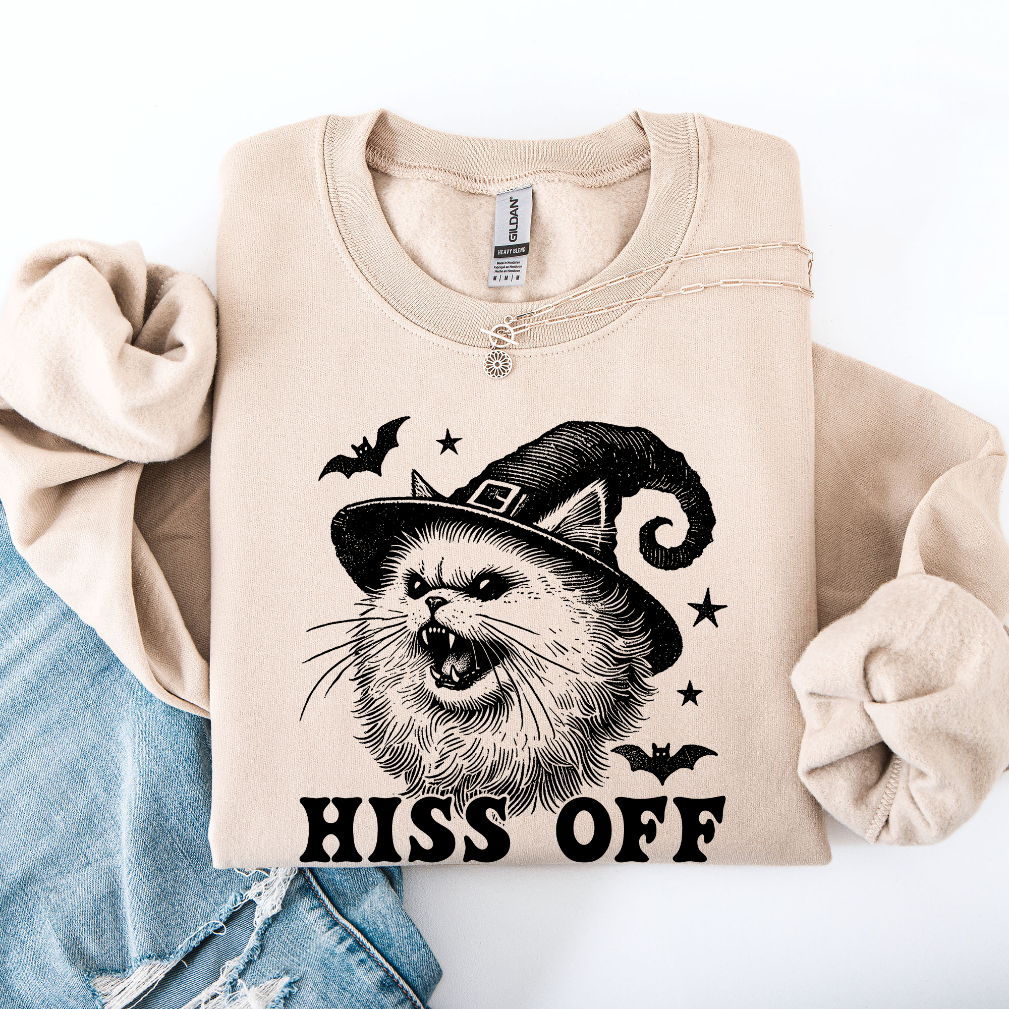 Hiss Off Cat Halloween Witch Cozy Feline Graphic Illustration For Cozy Fall Fashion Sweatshirt