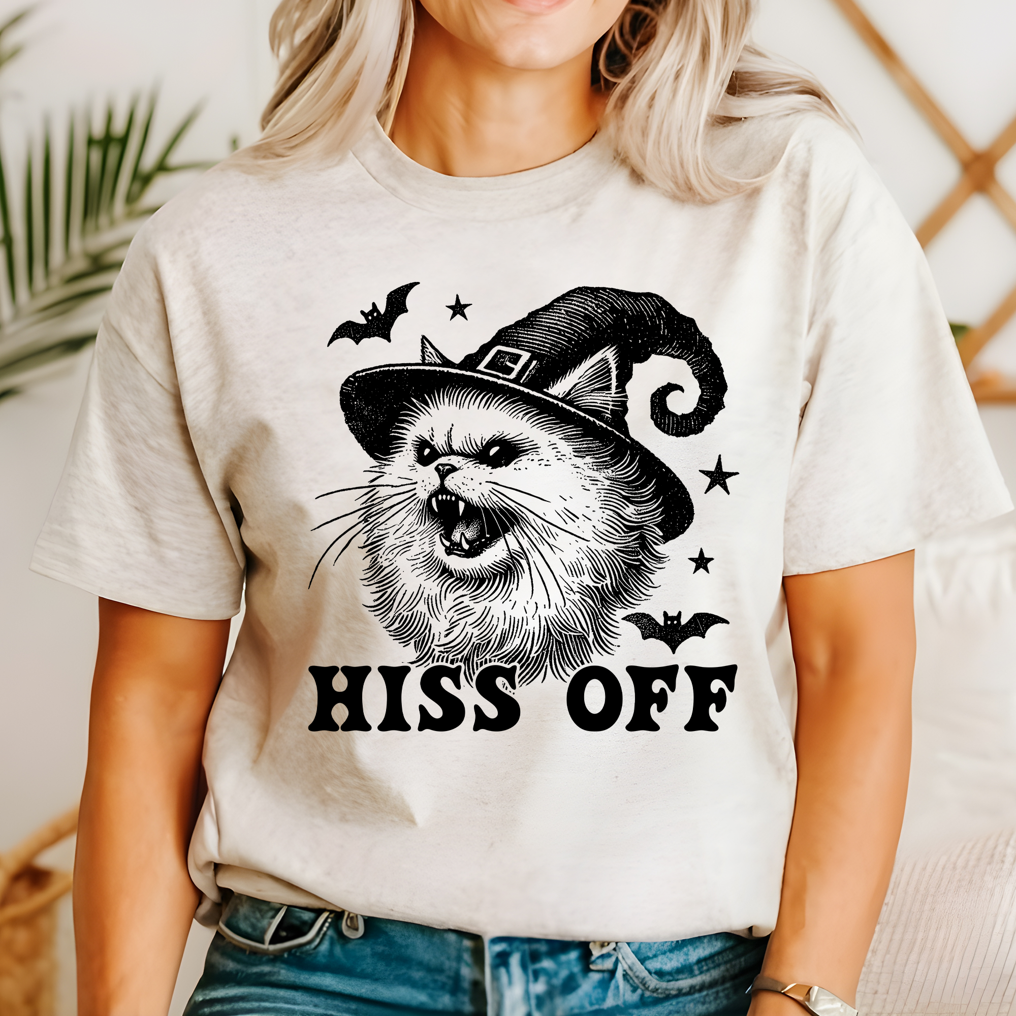 Hiss Off Cat Halloween Witch Graphic Montage With Spooky Silhouette Moonlit Cauldron And Witchy Prowl Graphic Tee
