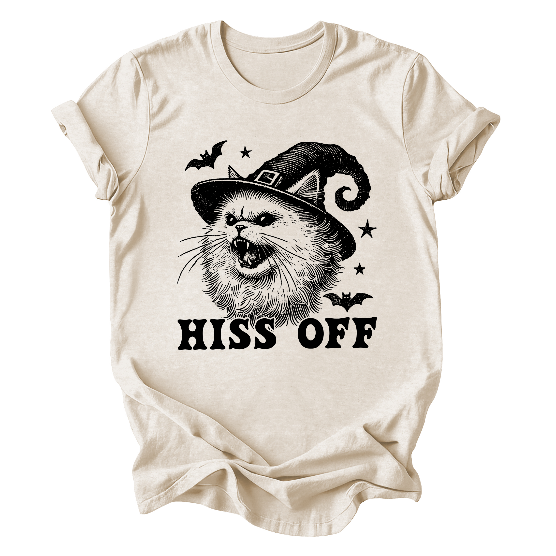 Hiss Off Cat Halloween Witch Graphic Montage With Spooky Silhouette Moonlit Cauldron And Witchy Prowl Graphic Tee
