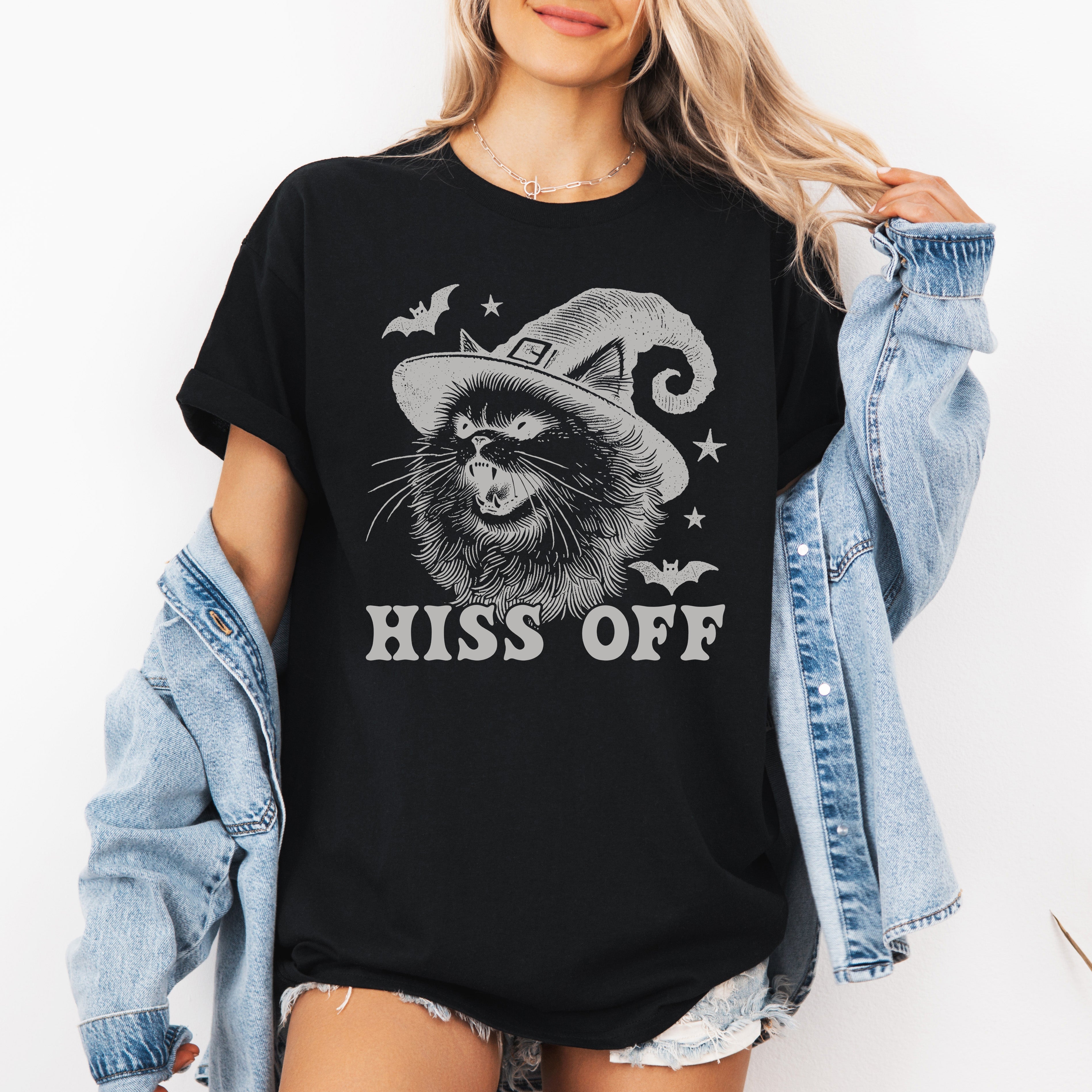 Hiss Off Cat Halloween Witch Spooky Feline Spirit Vintage Halloween Edition Graphic Tee