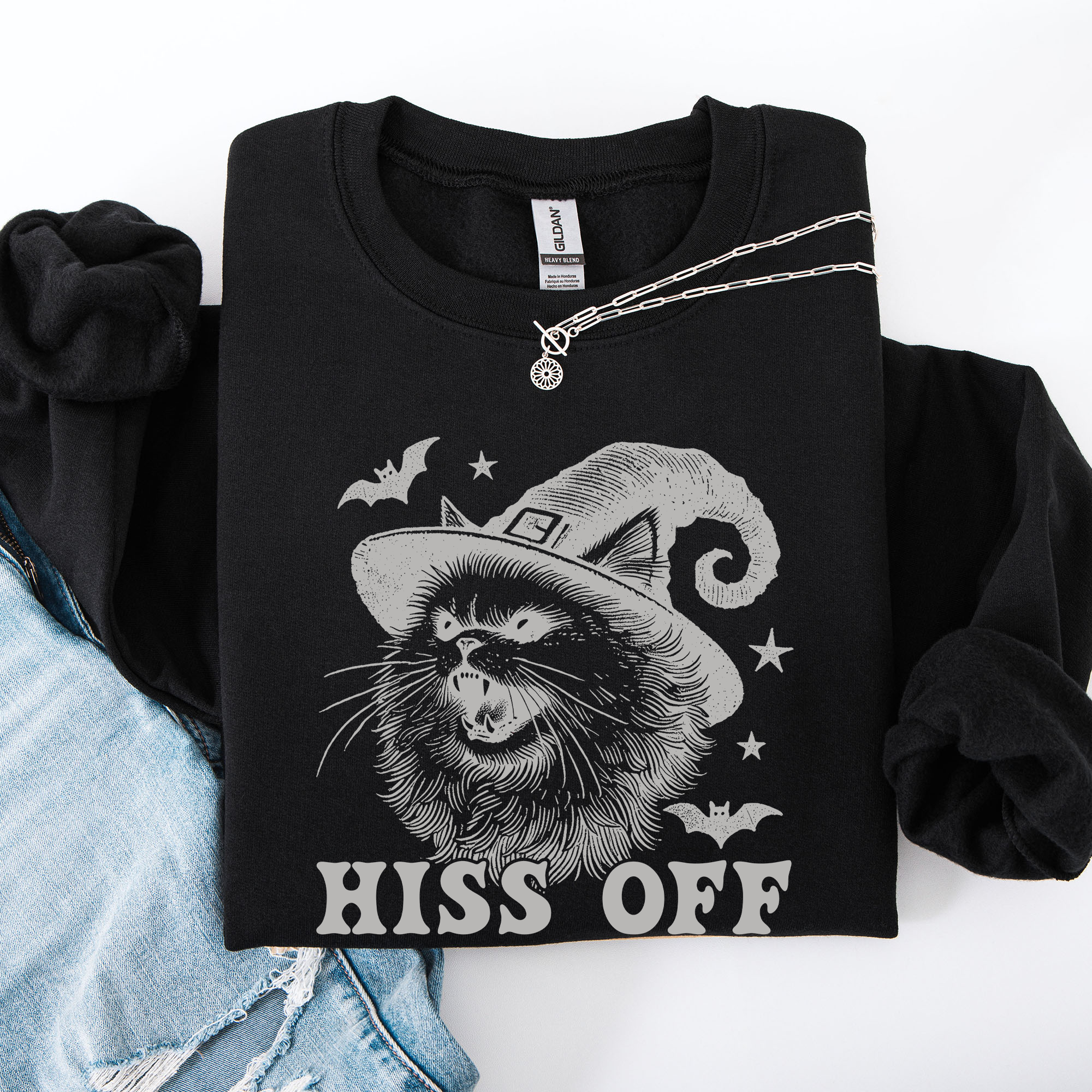 Hiss Off Cat Halloween Witch Cozy Feline Graphic Illustration For Cozy Fall Fashion Sweatshirt