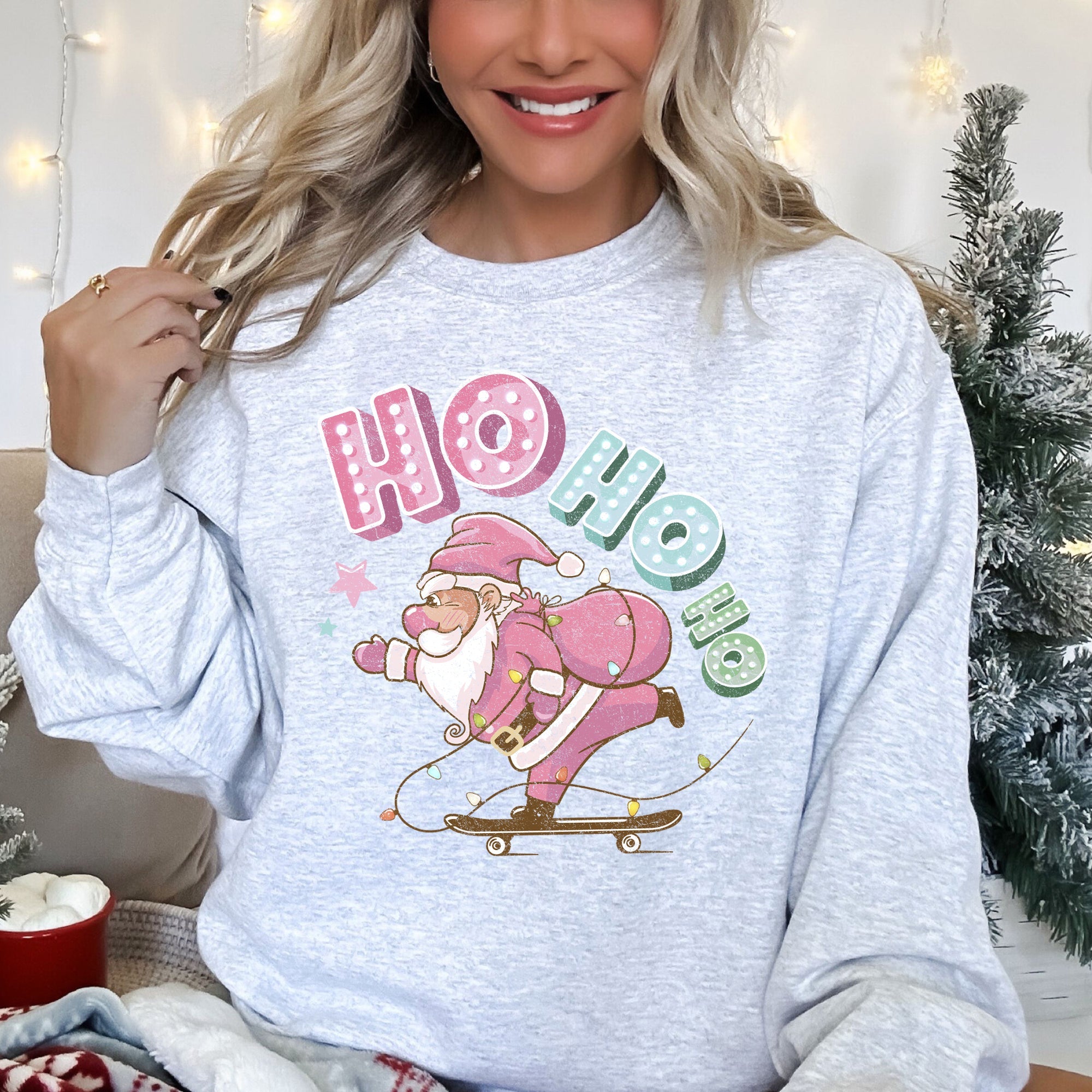 Ho Ho Ho Pink Skateboarding Santa Festive Holiday Cheer Retro Graphic Classic Sweatshirt