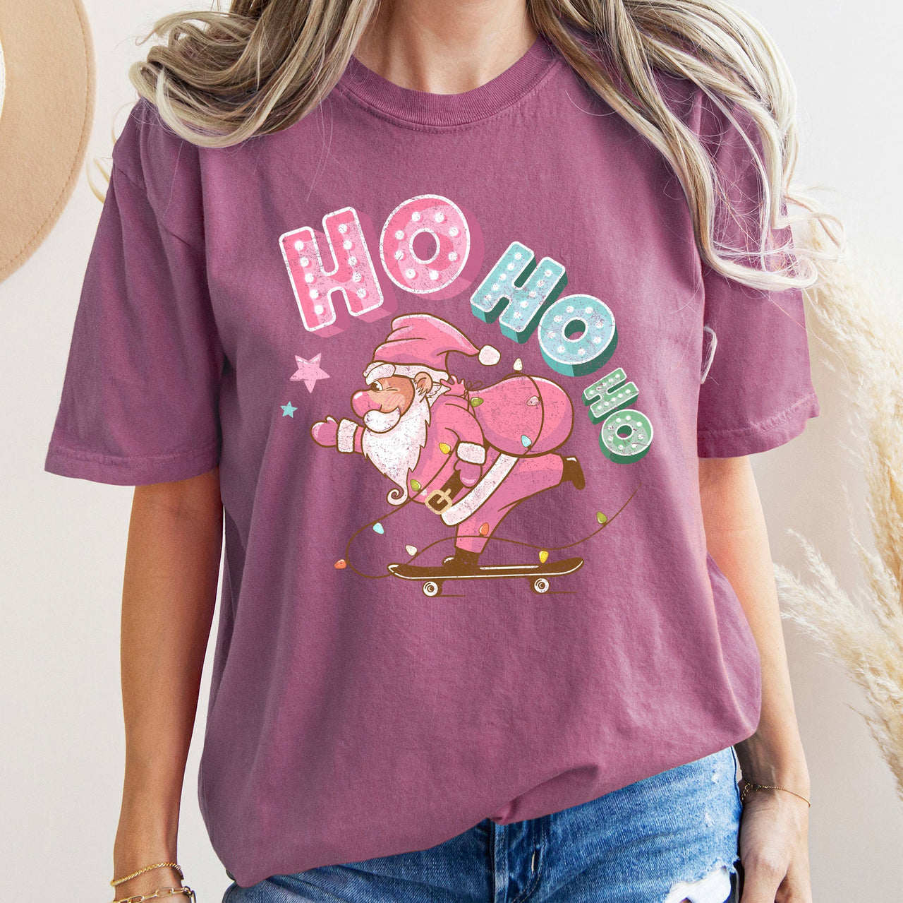Ho Ho Ho Pink Skateboarding Santa Retro Christmas Graphic Holiday Edition Comfort Colors Tee