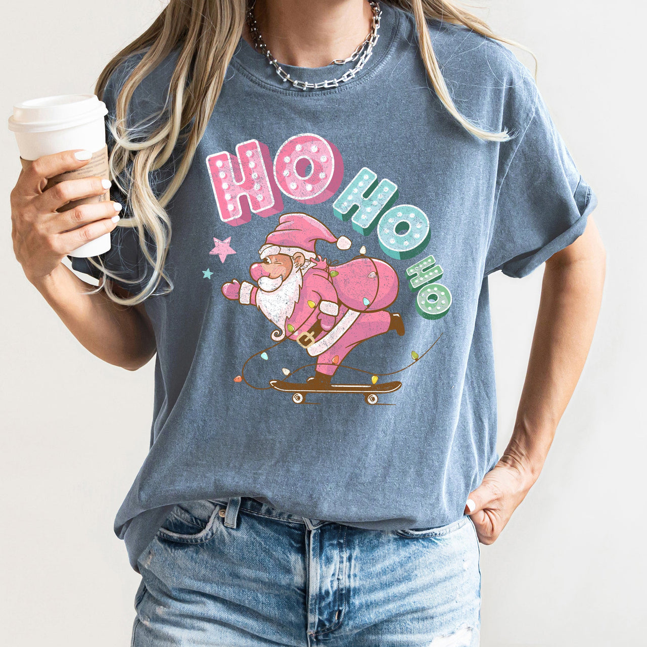 Ho Ho Ho Pink Skateboarding Santa Retro Christmas Graphic Holiday Edition Comfort Colors Tee