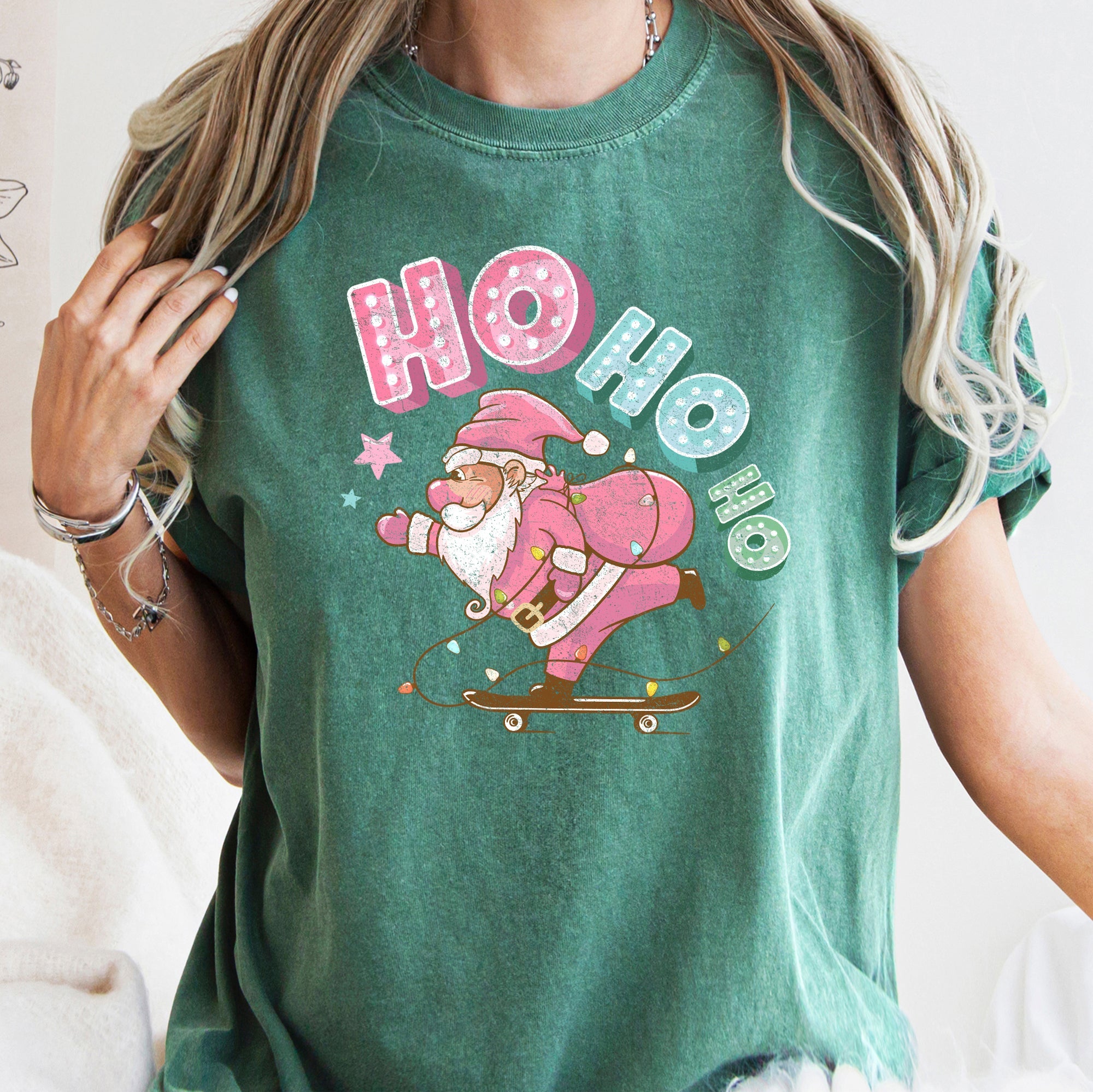 Ho Ho Ho Pink Skateboarding Santa Retro Christmas Graphic Holiday Edition Comfort Colors Tee