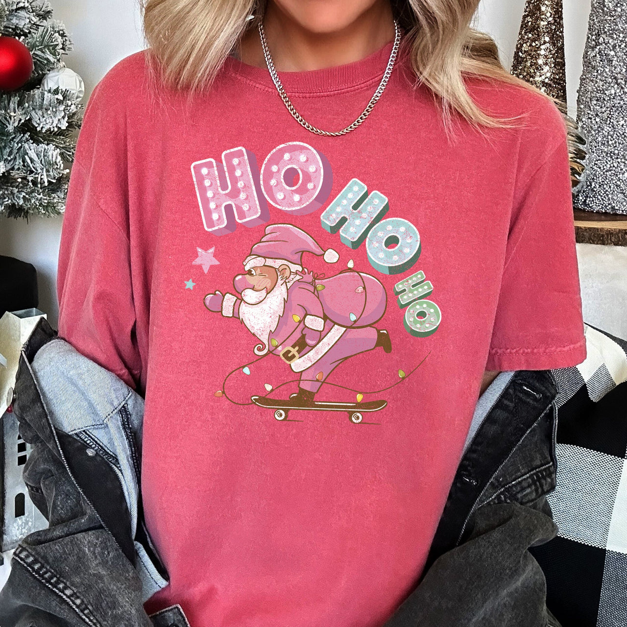 Ho Ho Ho Pink Skateboarding Santa Retro Christmas Graphic Holiday Edition Comfort Colors Tee