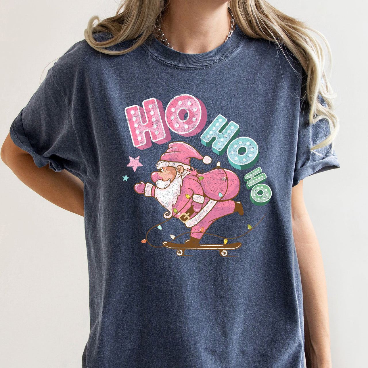 Ho Ho Ho Pink Skateboarding Santa Retro Christmas Graphic Holiday Edition Comfort Colors Tee