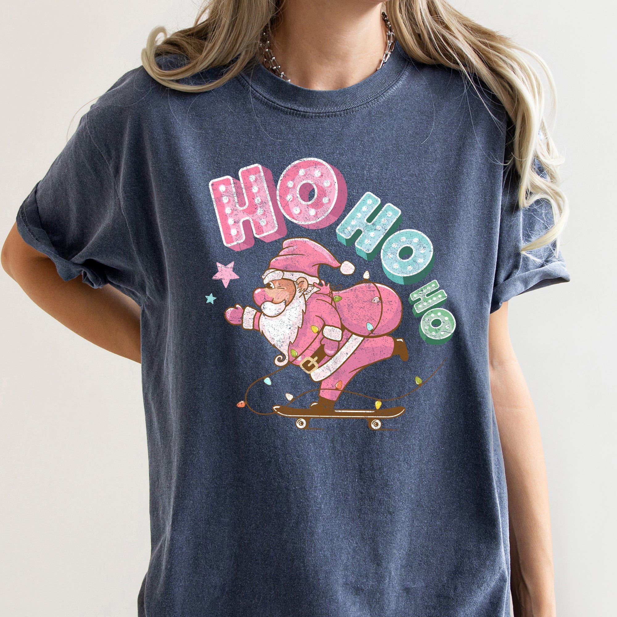 Ho Ho Ho Pink Skateboarding Santa Retro Christmas Graphic Holiday Edition Comfort Colors Tee