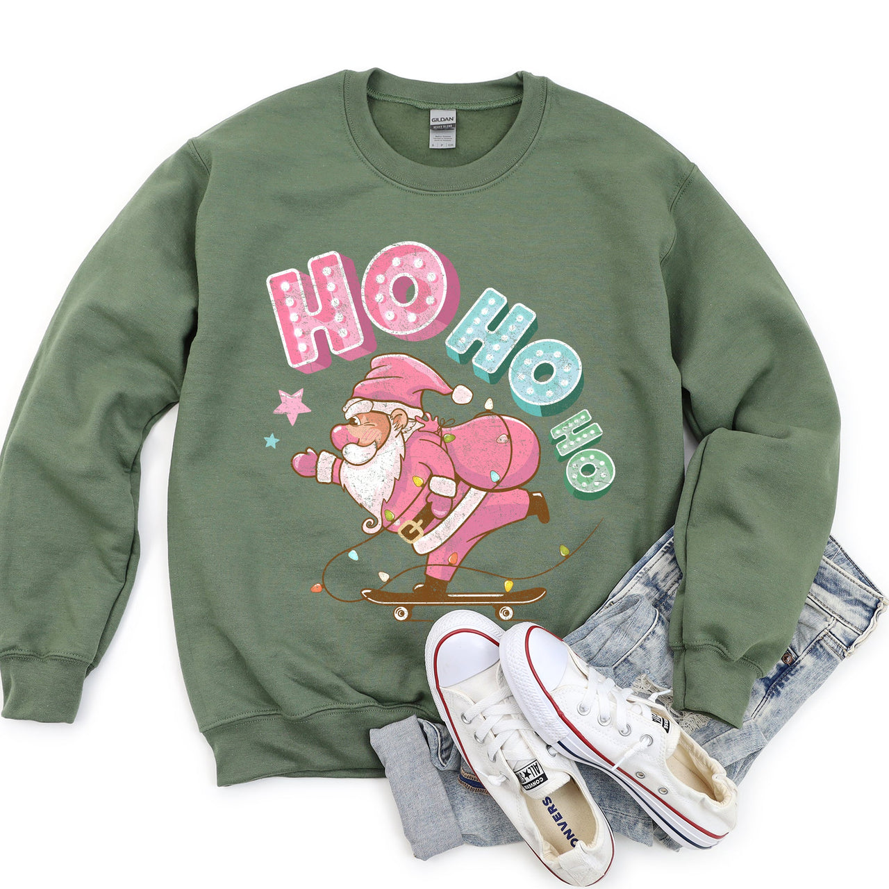 Ho Ho Ho Pink Skateboarding Santa Festive Holiday Cheer Retro Graphic Classic Sweatshirt