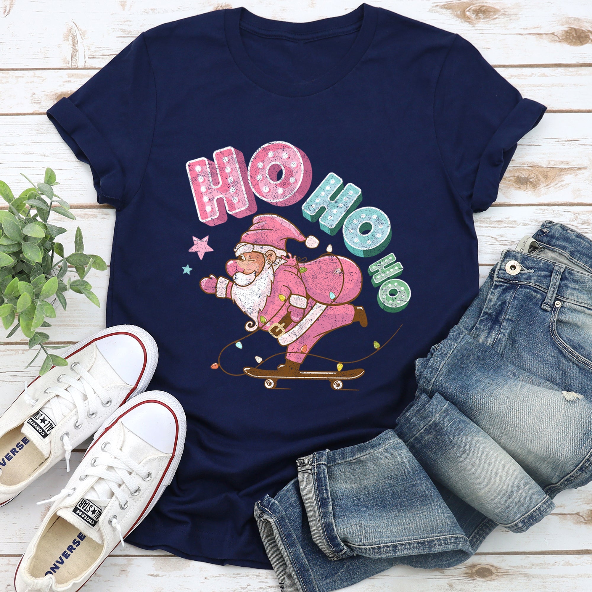 Ho Ho Ho Pink Skateboarding Santa Christmas Retro Vintage Bold Limited Classic Graphic Tee