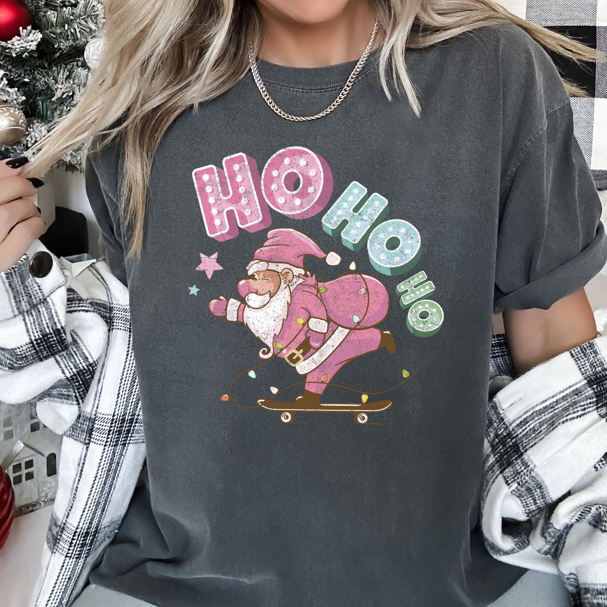 Ho Ho Ho Pink Skateboarding Santa Retro Christmas Graphic Holiday Edition Comfort Colors Tee