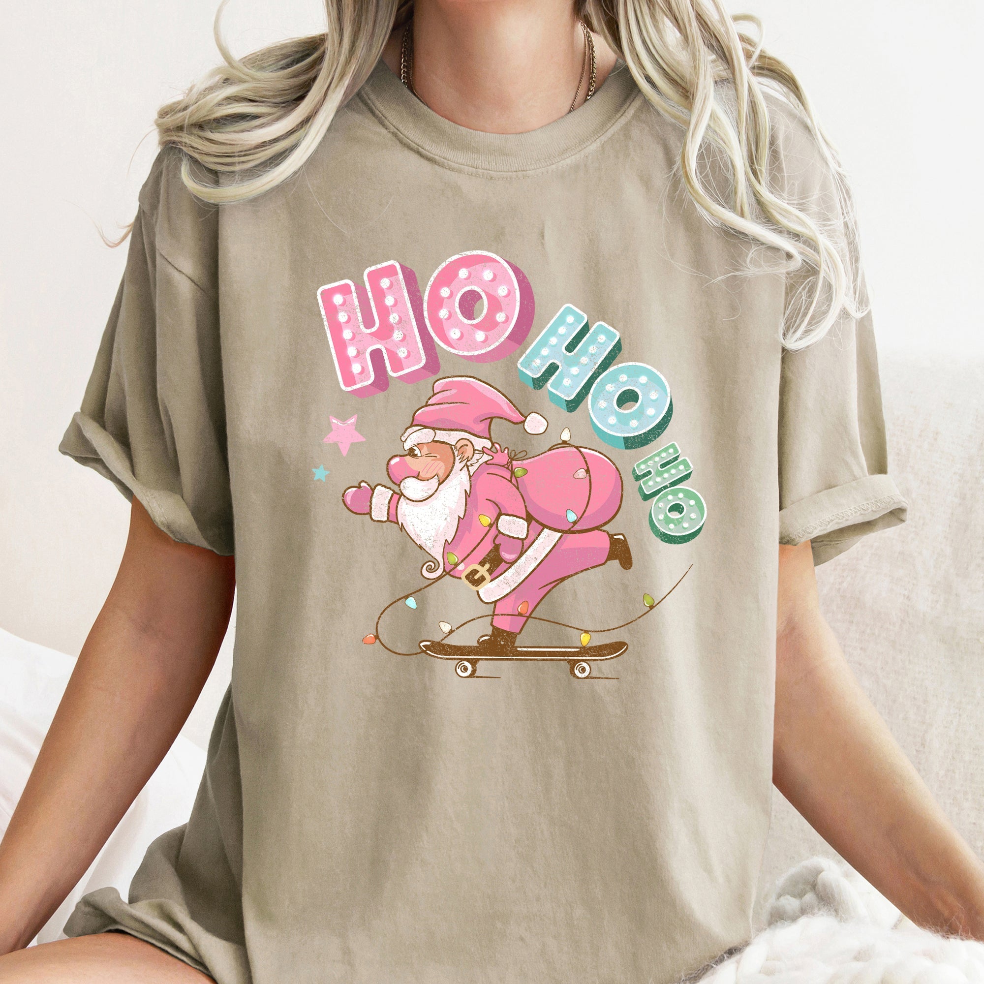 Ho Ho Ho Pink Skateboarding Santa Retro Christmas Graphic Holiday Edition Comfort Colors Tee