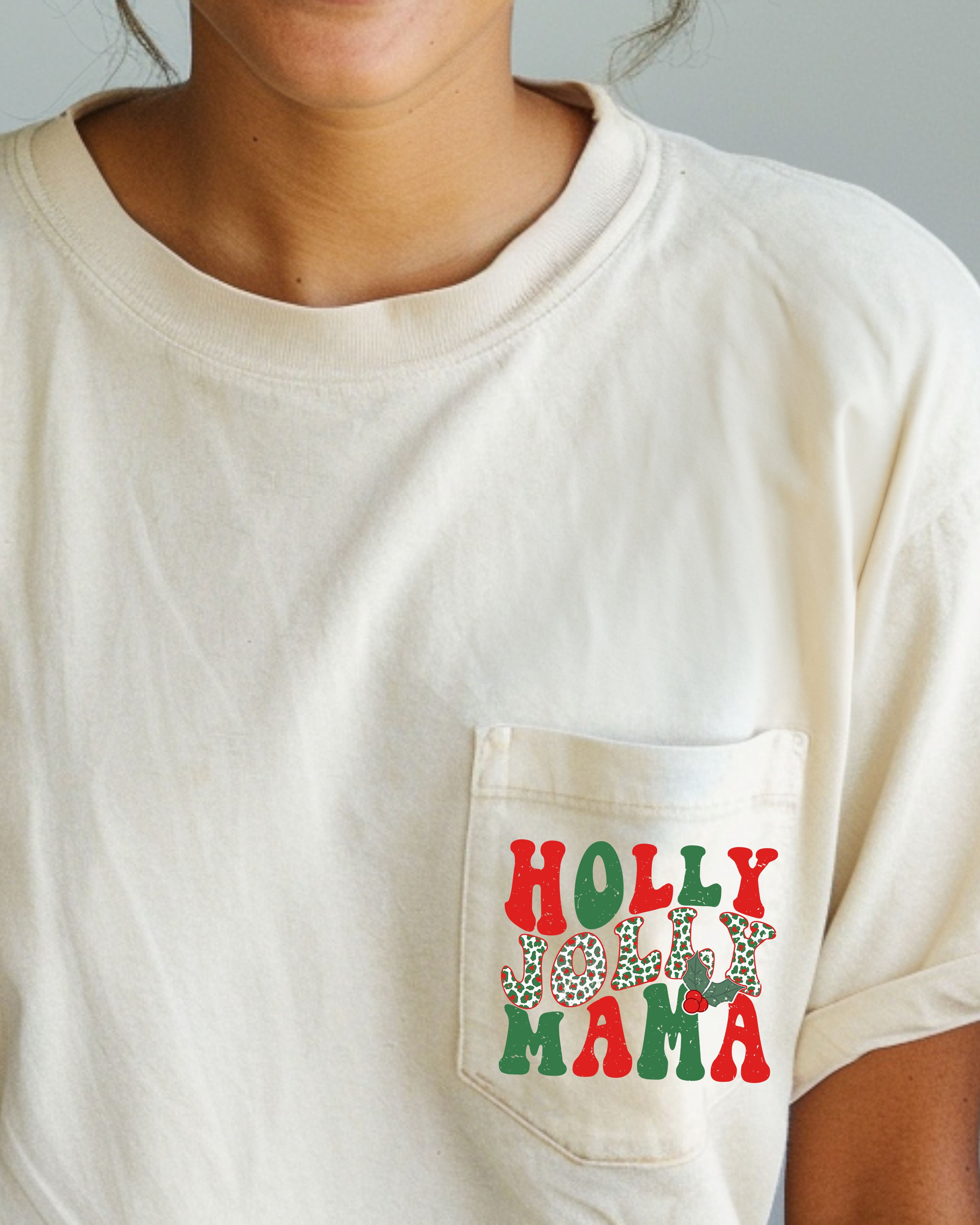 Holly Jolly Mama Pocket Christmas Winter Santa Snow Xmas Holiday Cheer Retro Comfort Colors Tee