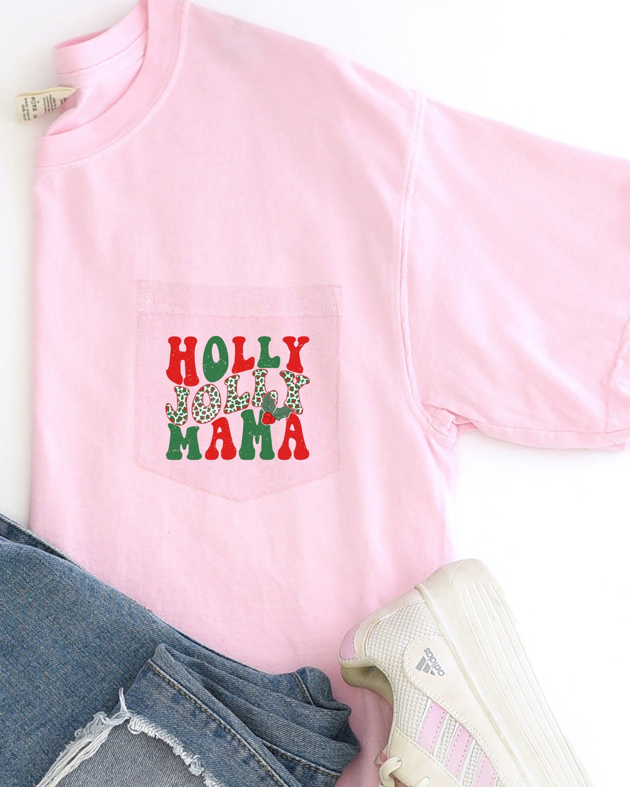 Holly Jolly Mama Pocket Christmas Winter Santa Snow Xmas Holiday Cheer Retro Comfort Colors Tee