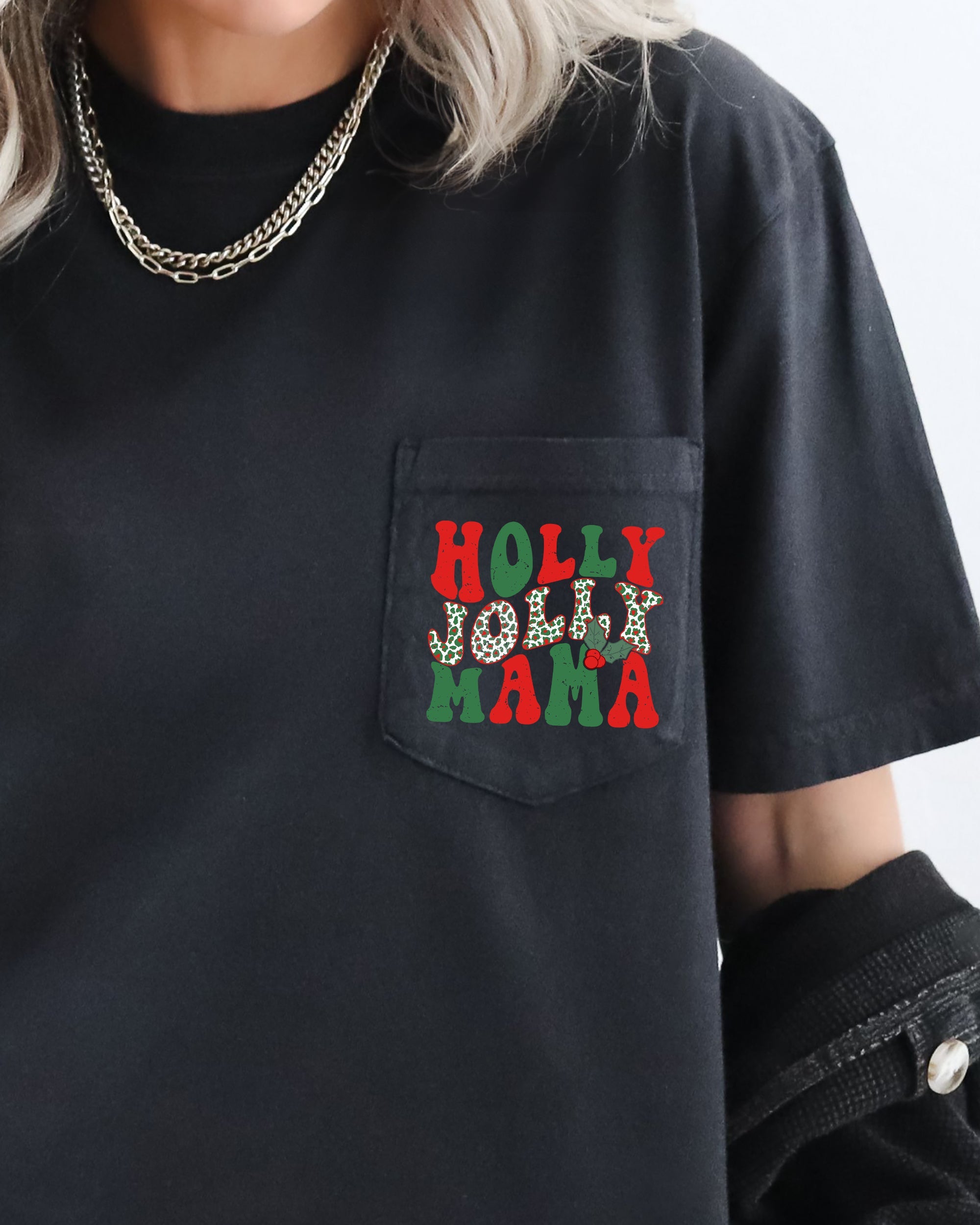 Holly Jolly Mama Pocket Christmas Winter Santa Snow Xmas Holiday Cheer Retro Comfort Colors Tee