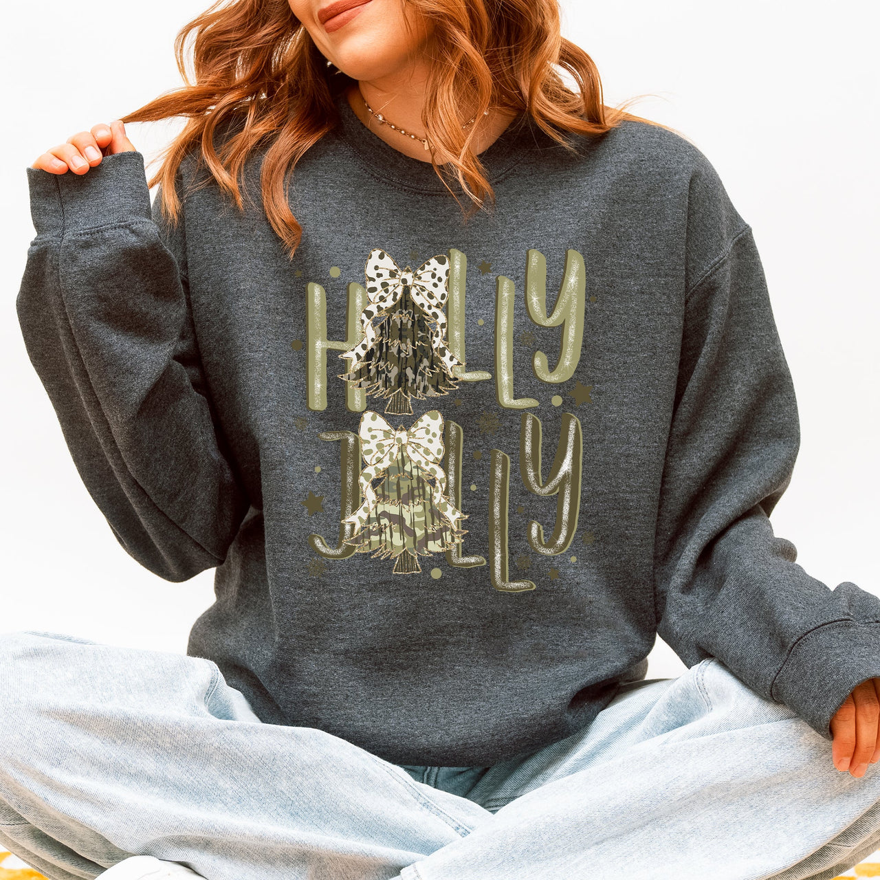 Holly Jolly Christmas Camouflage Tree Santa Dalmatian Ribbons And Bows Cozy Holiday Sweatshirt