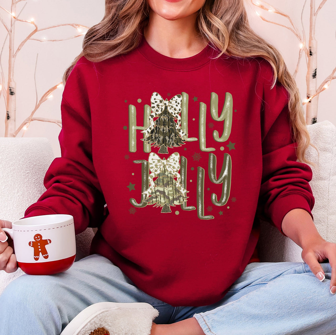 Holly Jolly Christmas Camouflage Tree Santa Dalmatian Ribbons And Bows Cozy Holiday Sweatshirt