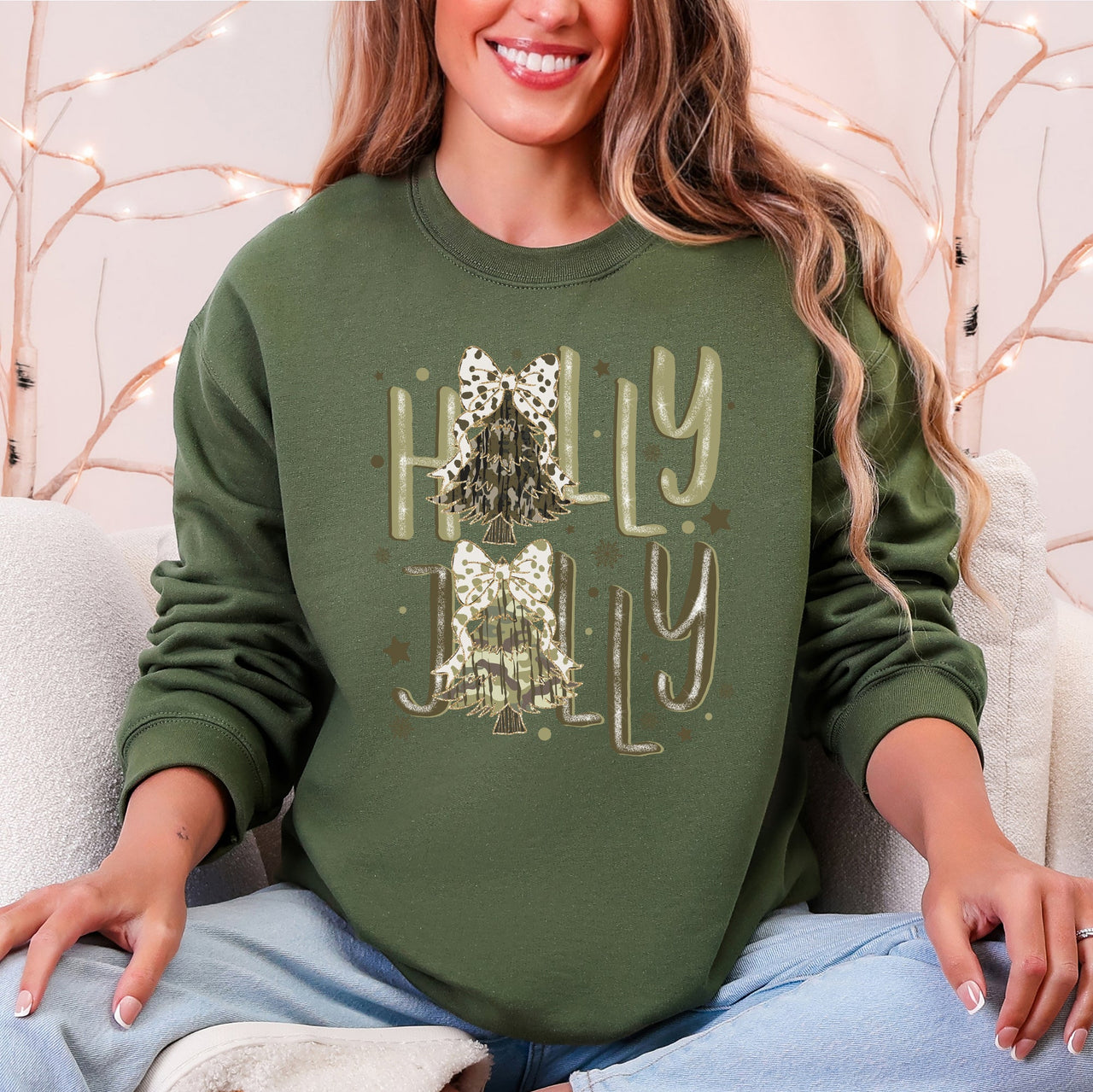 Holly Jolly Christmas Camouflage Tree Santa Dalmatian Ribbons And Bows Cozy Holiday Sweatshirt