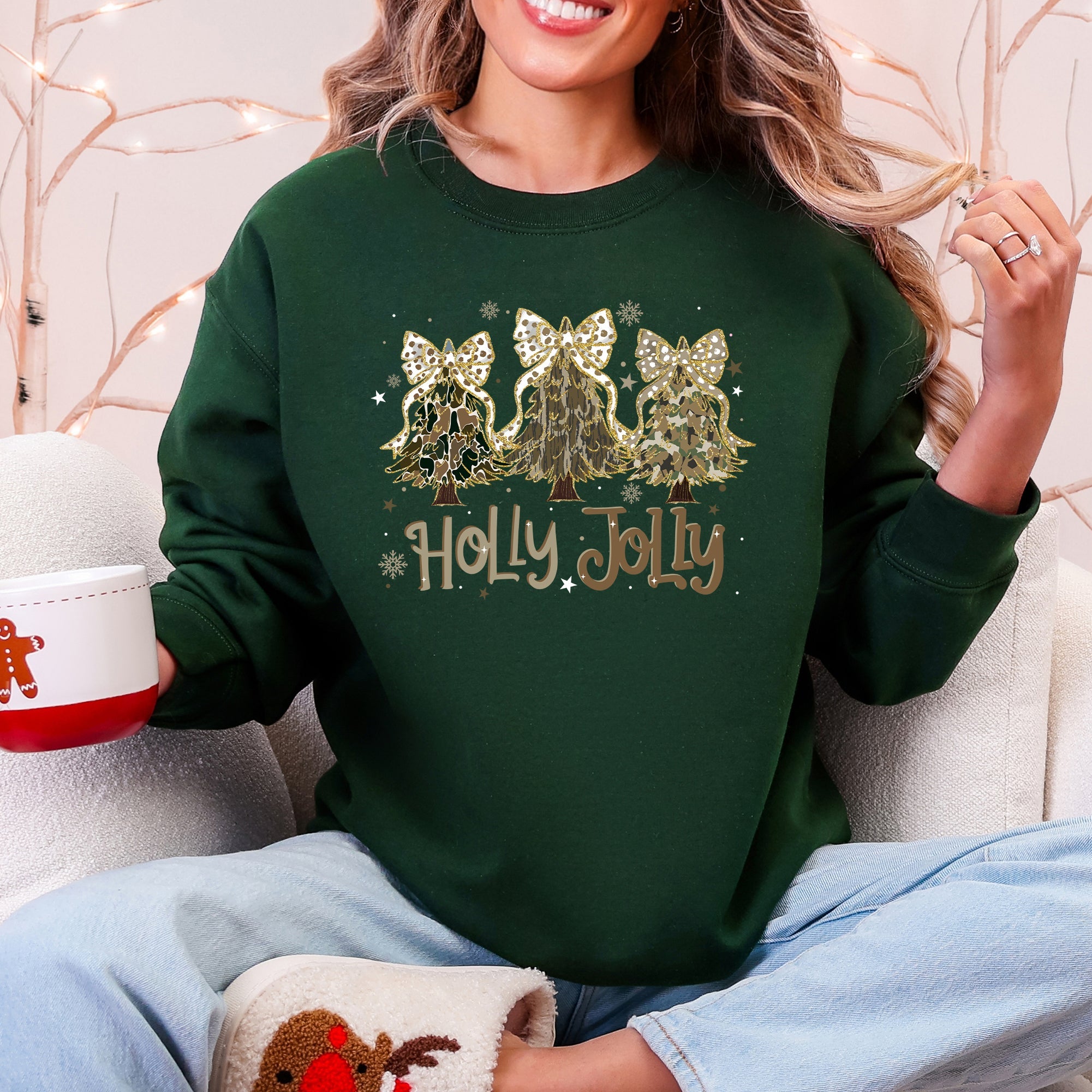 Holly Jolly Camo Christmas Tree Santa Ribbons Bows Cozy Christmas Cheer Sweatshirt