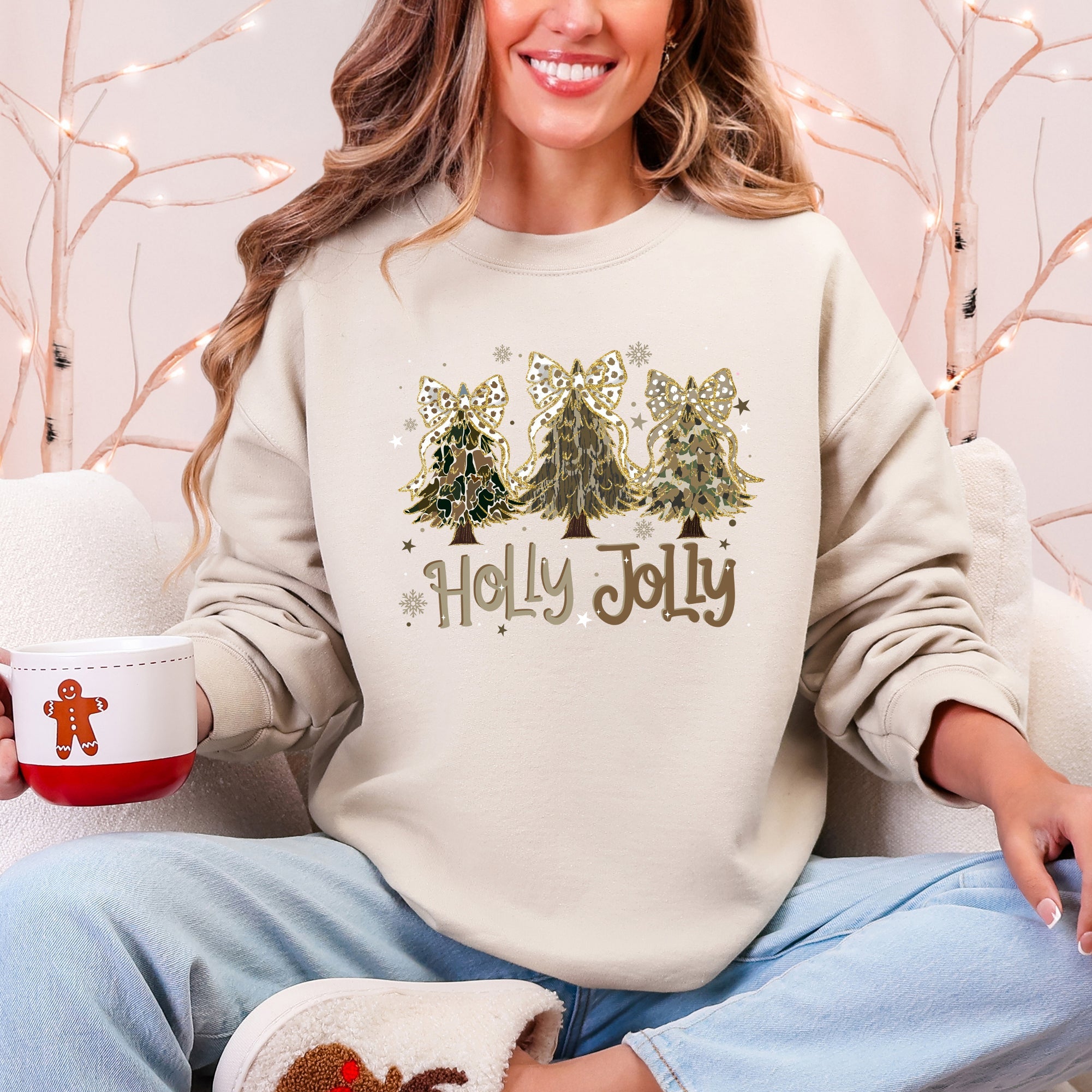 Holly Jolly Camo Christmas Tree Santa Ribbons Bows Cozy Christmas Cheer Sweatshirt