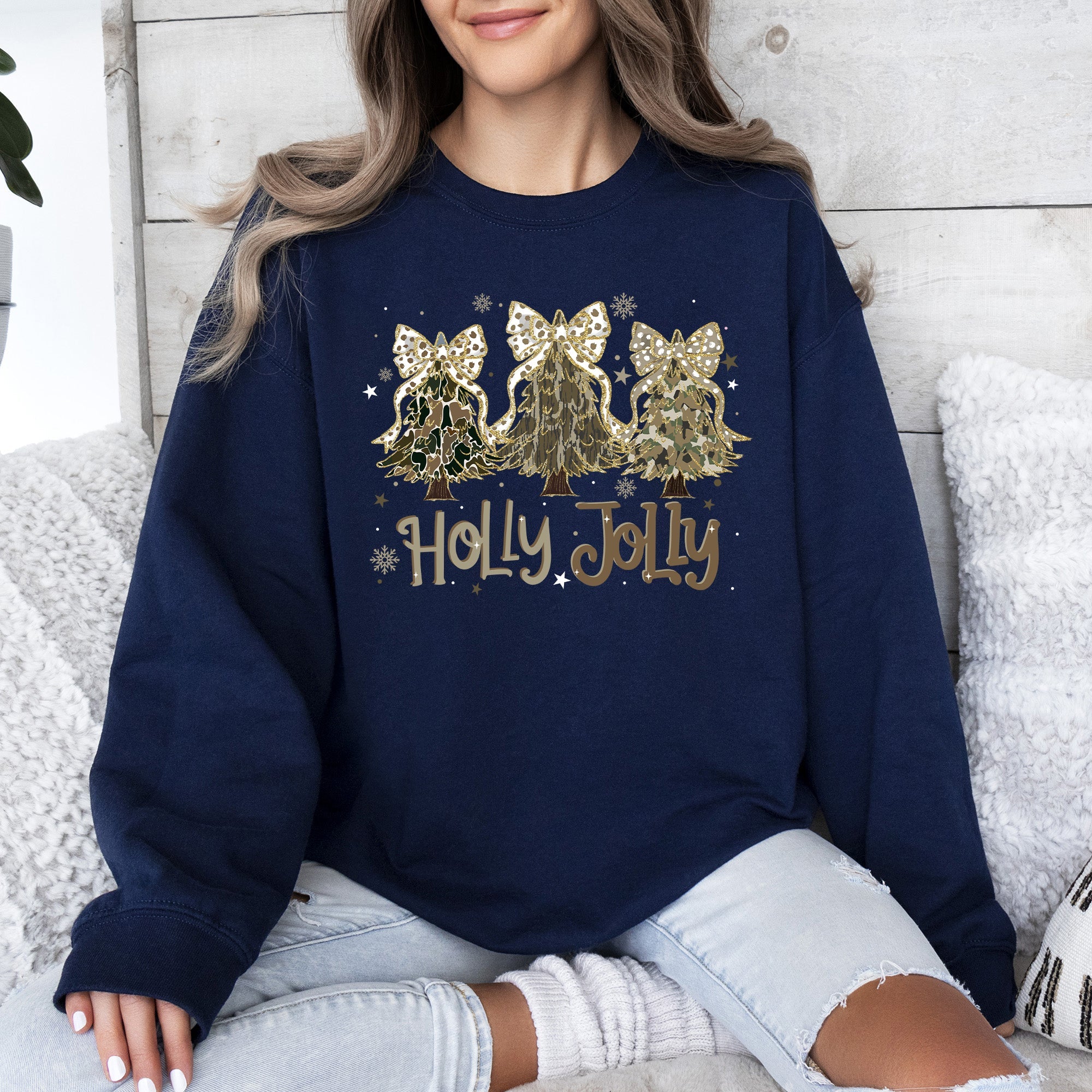 Holly Jolly Camo Christmas Tree Santa Ribbons Bows Cozy Christmas Cheer Sweatshirt