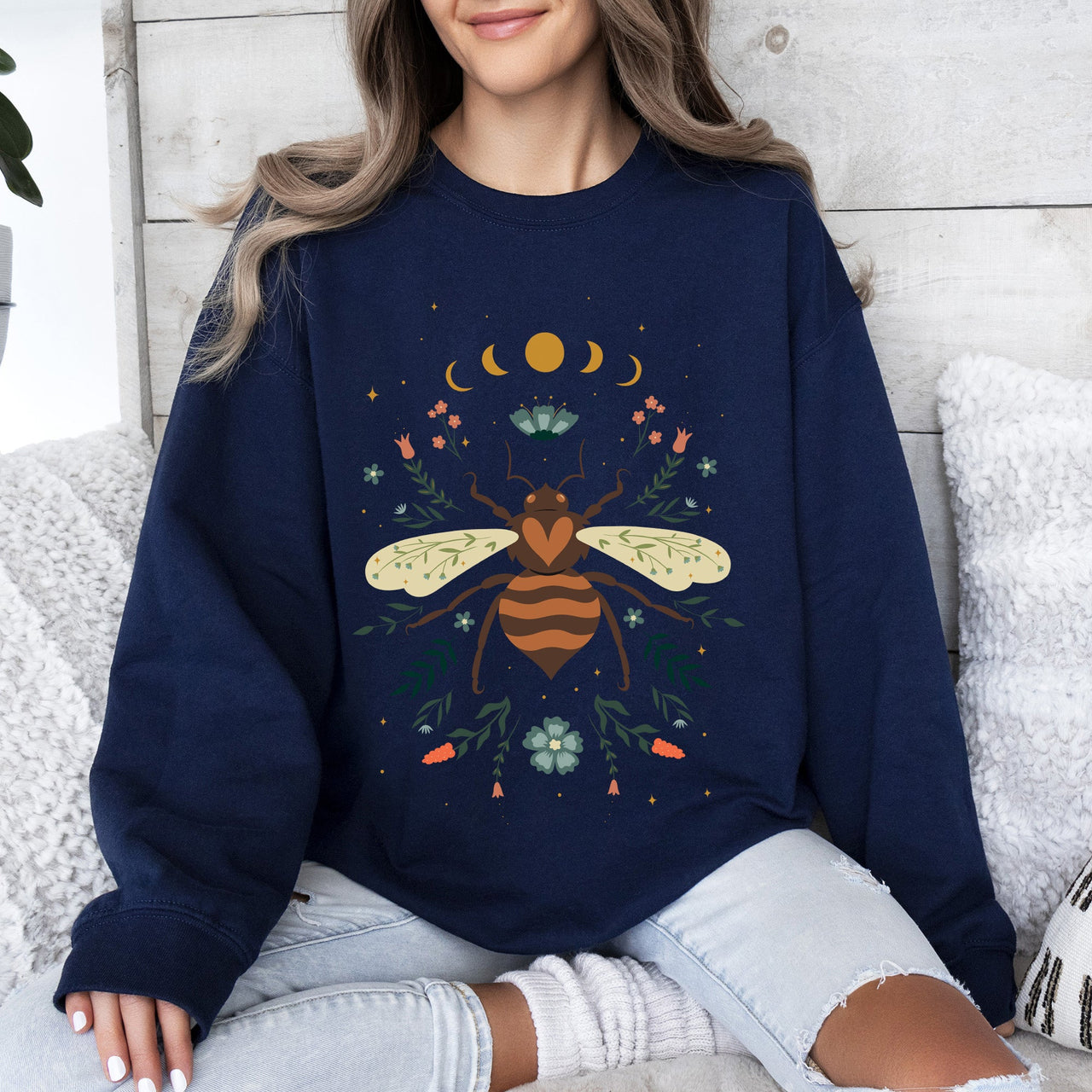 Honey Bee, Forest Moon, Botanical Design Graphic Nature Inspired Cozy Sweatshirt