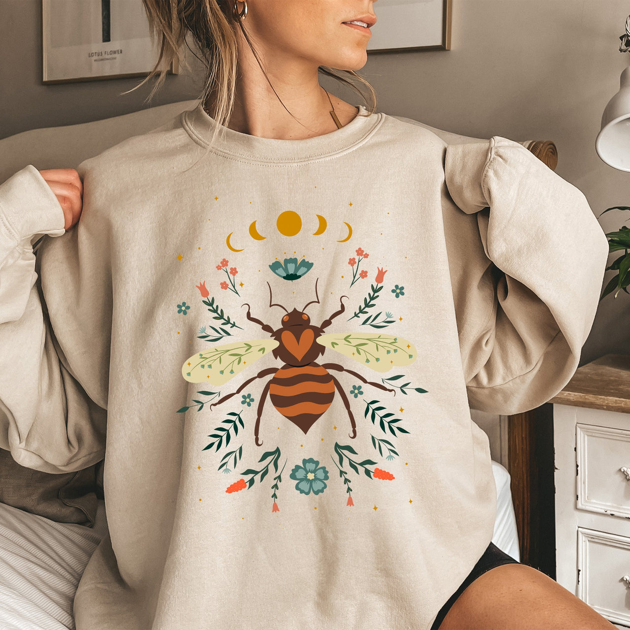 Honey Bee, Forest Moon, Botanical Design Graphic Nature Inspired Cozy Sweatshirt