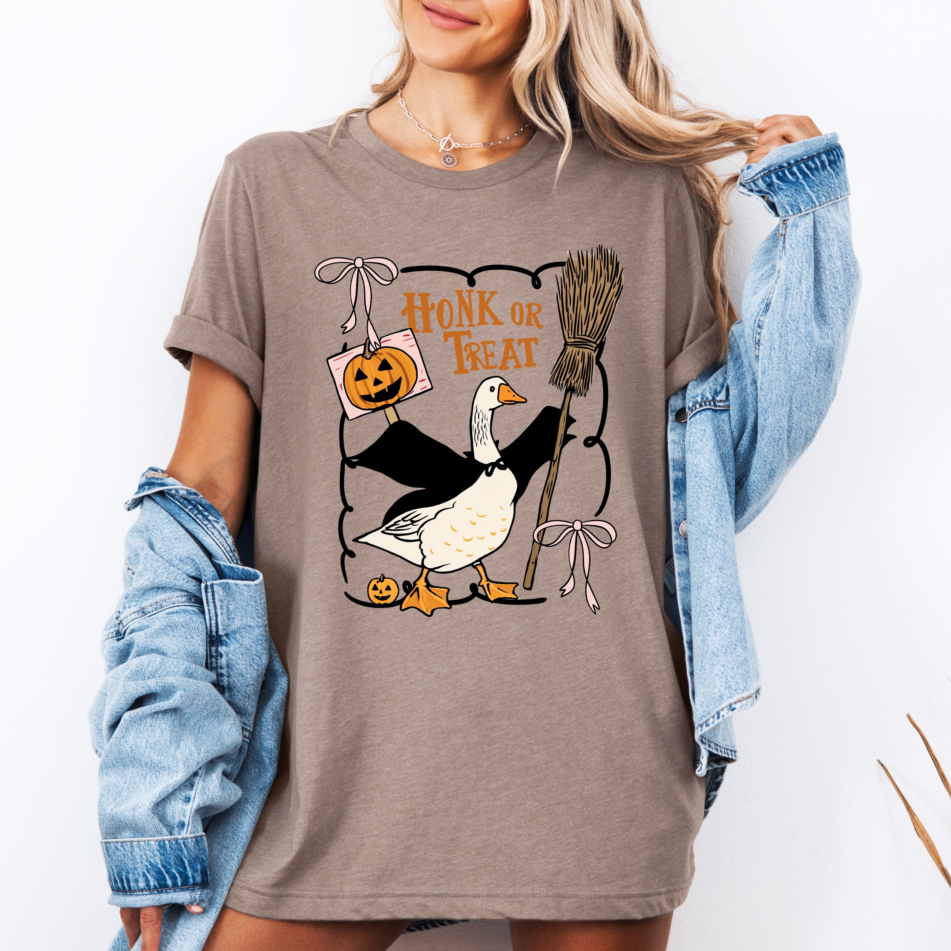 Honk or Treat Cute Goose Halloween Witch Cozy Spooky Season Mascot Illustration For Halloween Party Wear Graphic Tee