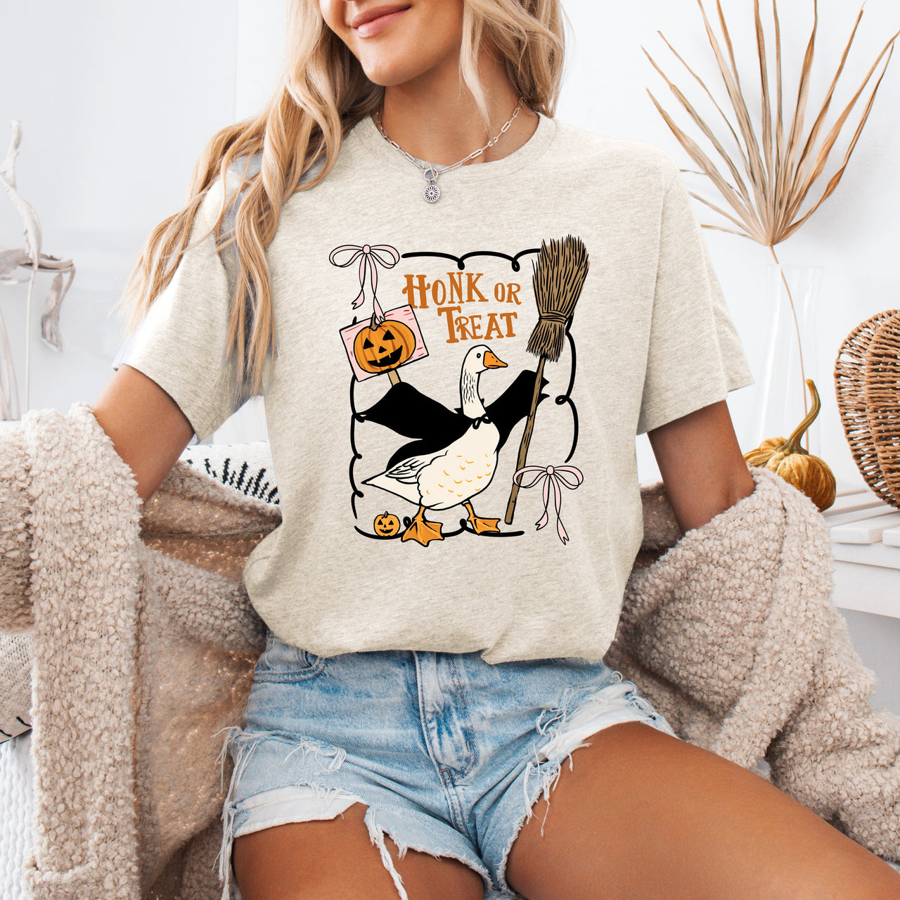 Honk or Treat Cute Goose Halloween Witch Cozy Spooky Season Mascot Illustration For Halloween Party Wear Graphic Tee