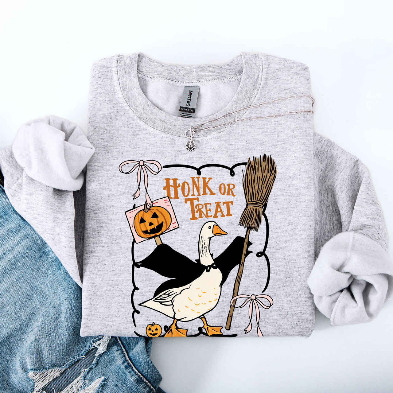 Honk Or Treat Cute Goose Halloween Witch Cozy Graphic Vintage Print Deluxe Sweatshirt
