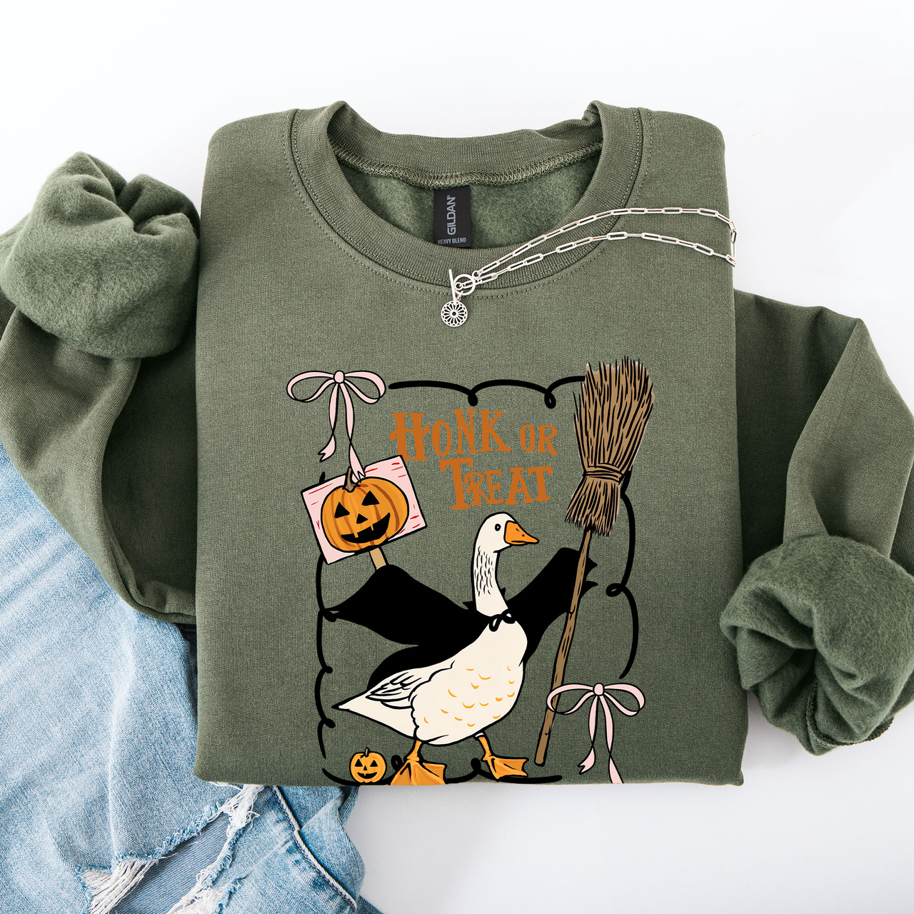 Honk Or Treat Cute Goose Halloween Witch Cozy Graphic Vintage Print Deluxe Sweatshirt